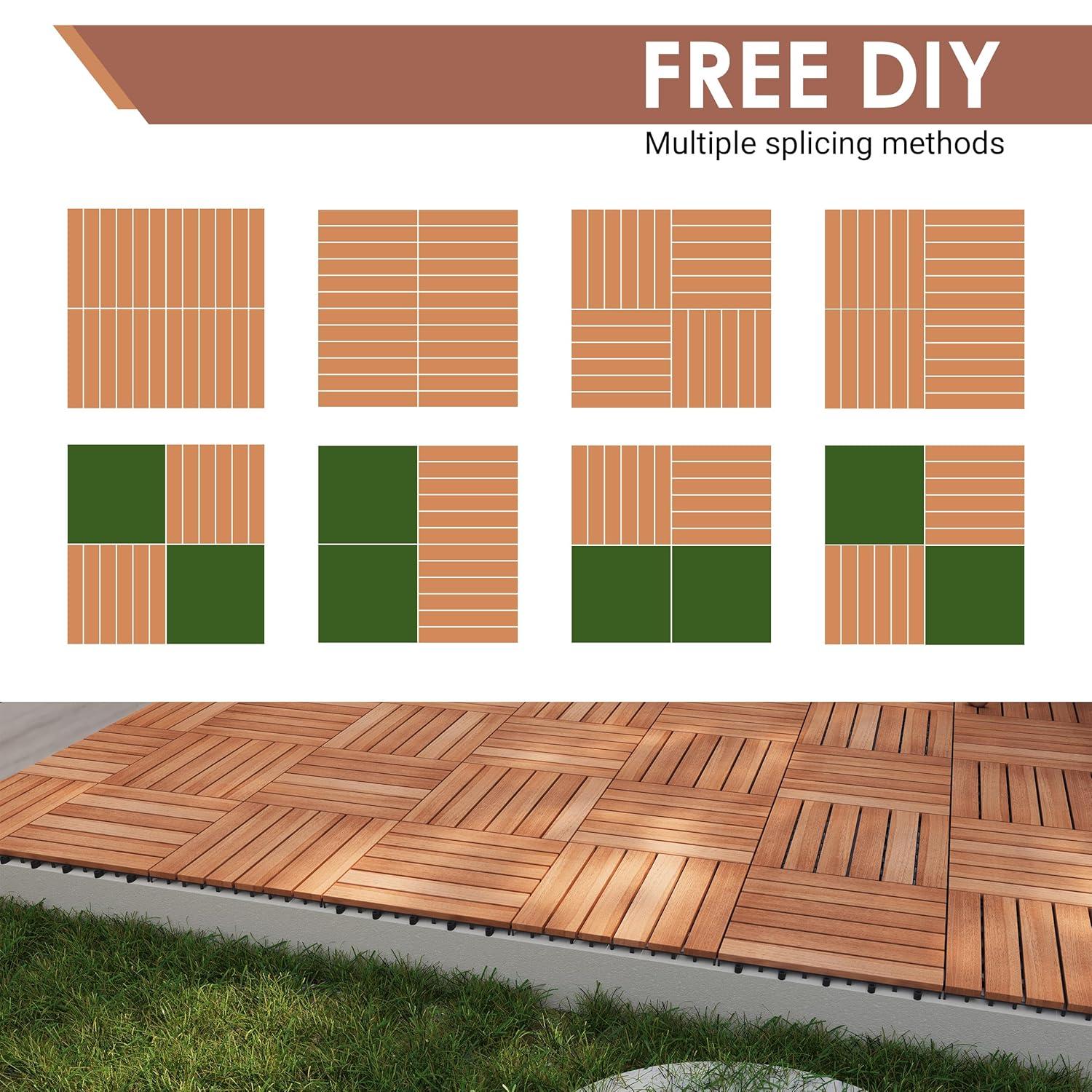 Natural Acacia Wood Interlocking Deck Tiles with Water Protection, 27 Pack