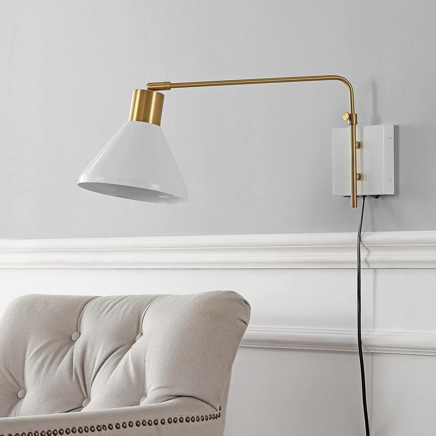 Max 20.5" Swing Arm 1-Light Modern Midcentury Iron USB Charging Port LED Sconce, White/Brass Gold