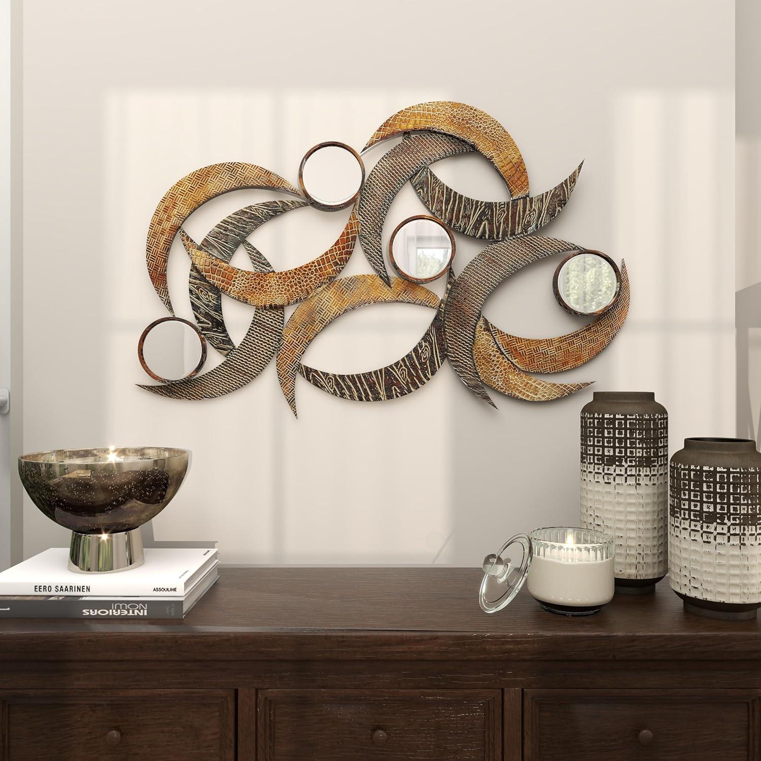 DecMode Contemporary Curved Metal Stips with Indigenous Patterns Wall Décor, 24"W x 40"H Features Gray, Brown, Maroon and Yellow Polished Finish