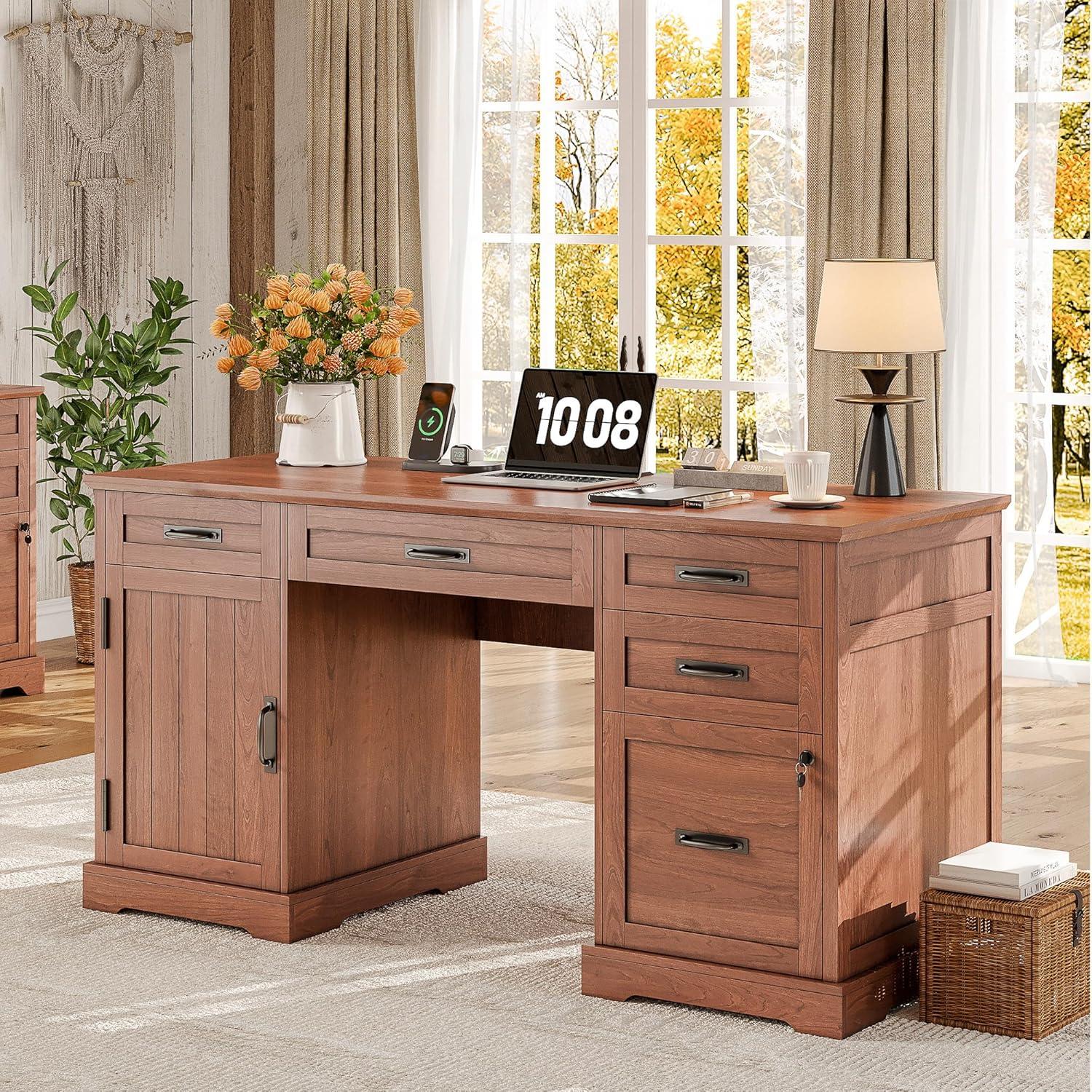 August Grove® Clabe 55'' Farmhouse Executive Desk with Drawers, File Cabinet and Power Outlets