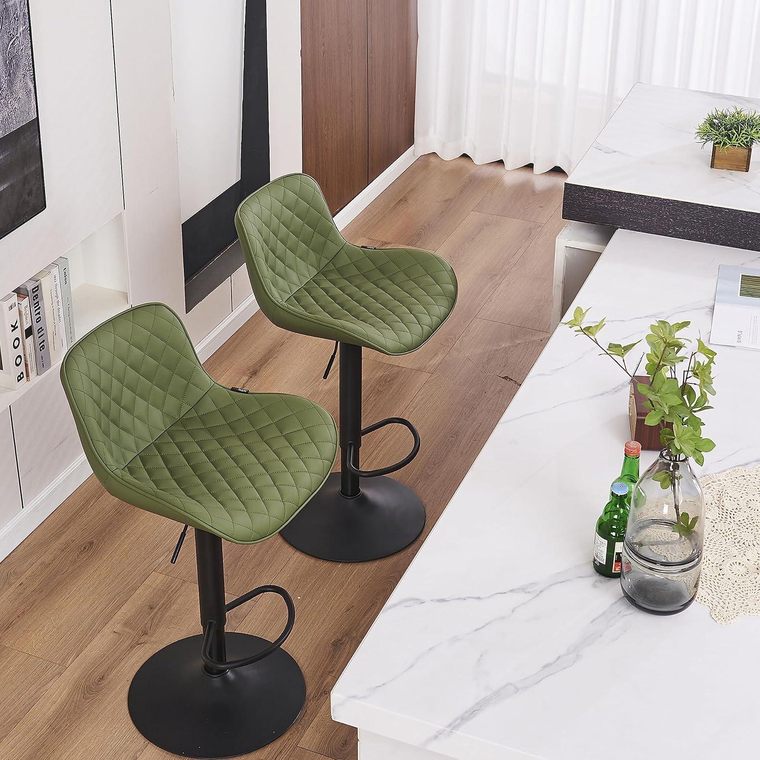 Olive Green Adjustable Faux Leather Swivel Bar Stools Set of 2