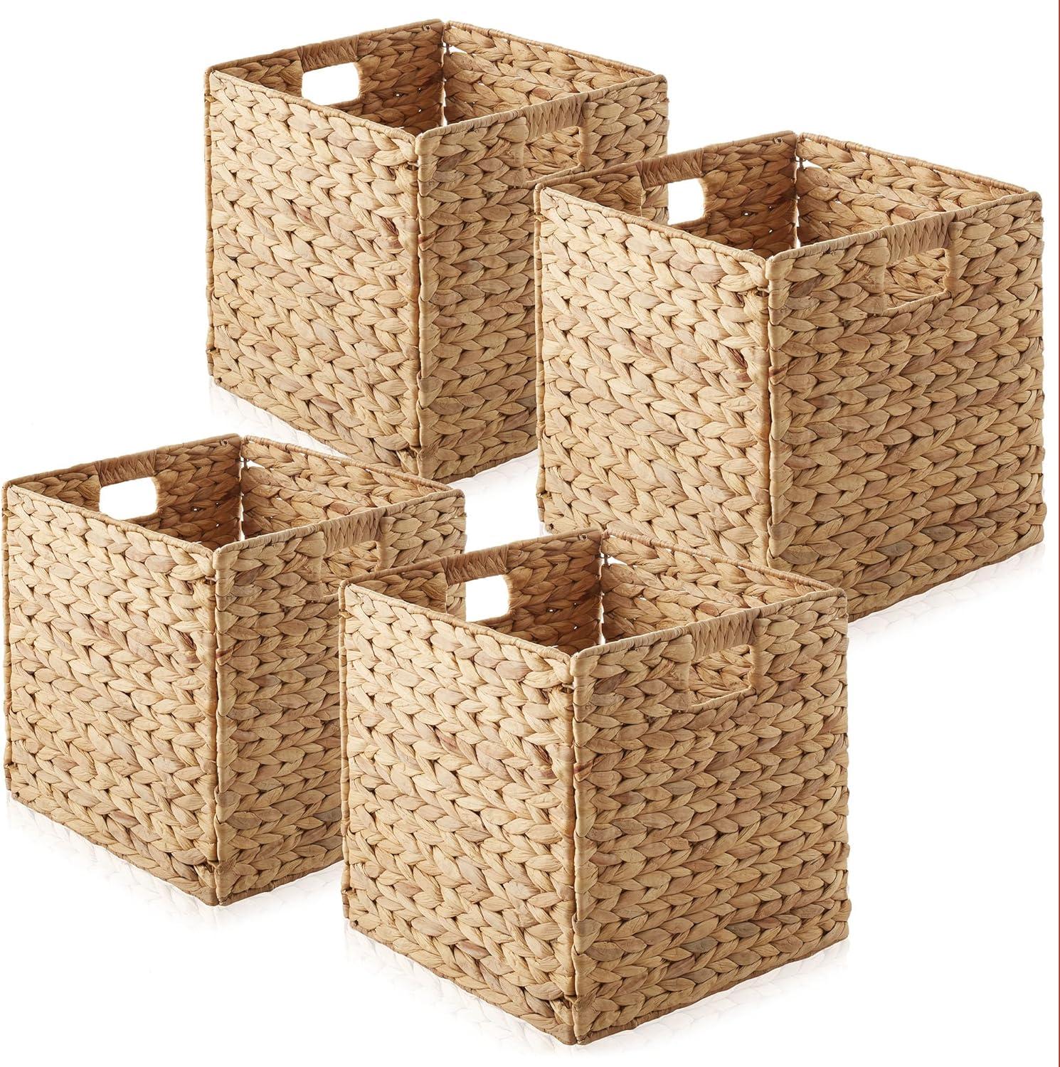 Casafield 12" x 12" Water Hyacinth Storage Baskets, Natural - Set of 4 Collapsible Cube Organizers, Woven Bins for Bathroom, Bedroom, Laundry, Pantry, Shelves