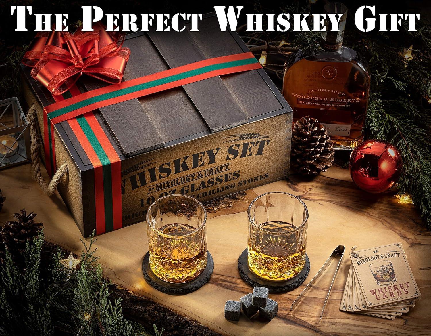 Rustic Wooden Whiskey Gift Set with Granite Stones and Crystal Glasses