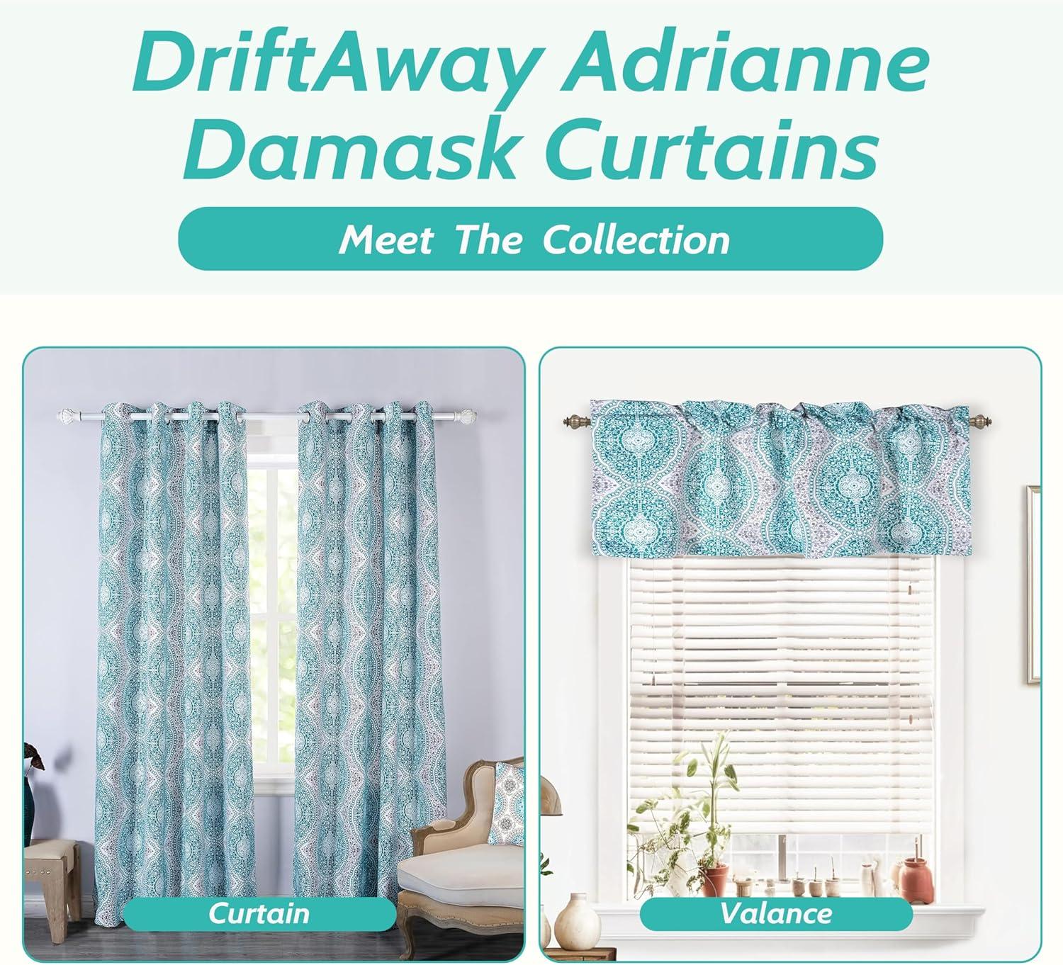 Adrianne Teal Blue Damask Floral Rod Pocket Valance