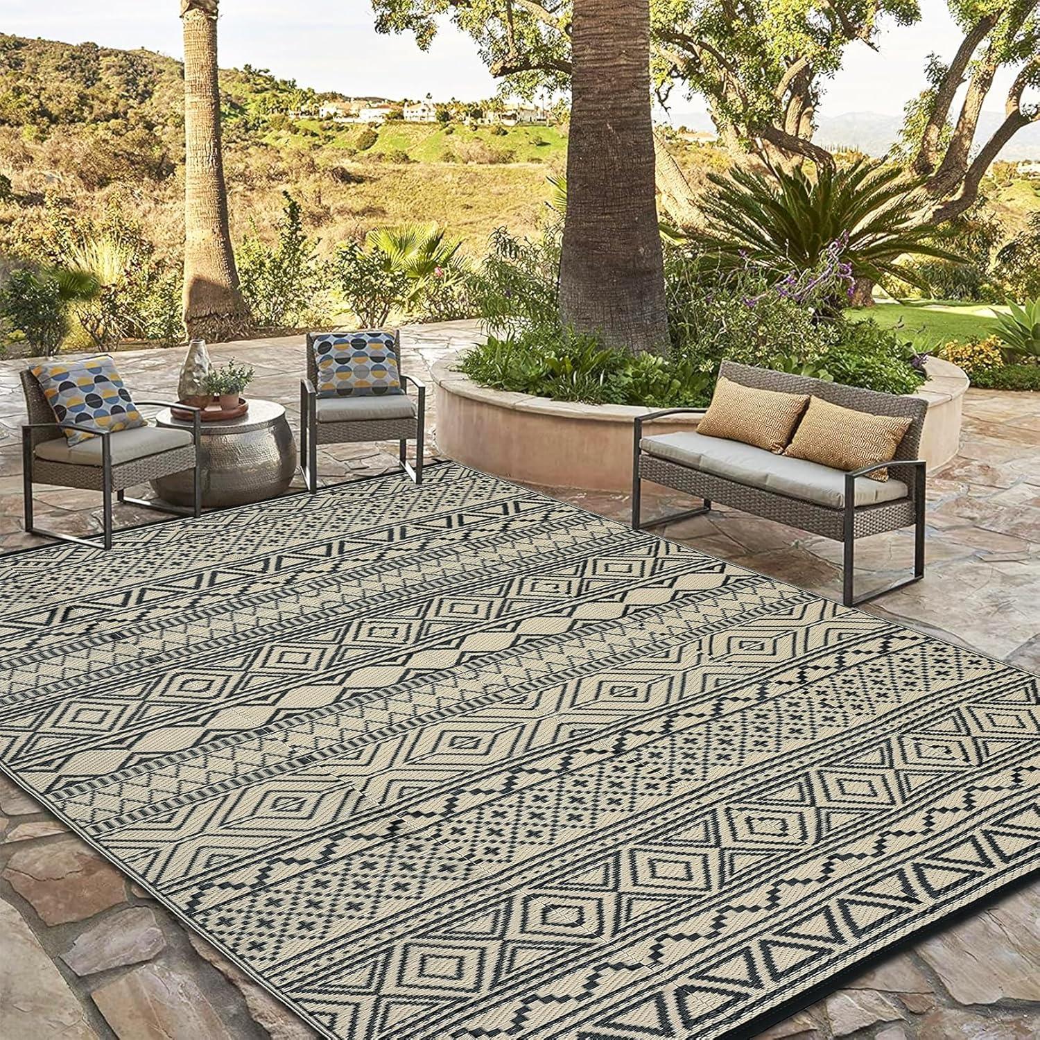 Garvee 9'x12' Plastic Outdoor Rugs, Bohemia Waterproof Straw Rug Reversible Indoor Outdoor Carpet for Patio RV Deck Porch Backyard Balcony Camping Picnic Beach, Multi-color