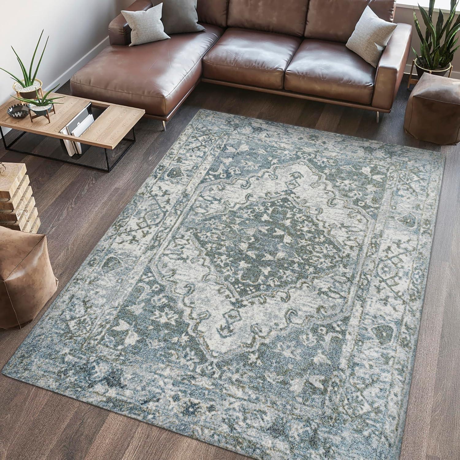 JONATHAN Y Pavel Distressed Medallion Low-Pile Machine-Washable Light Gray/Blue 5 ft. x 8 ft. Area Rug
