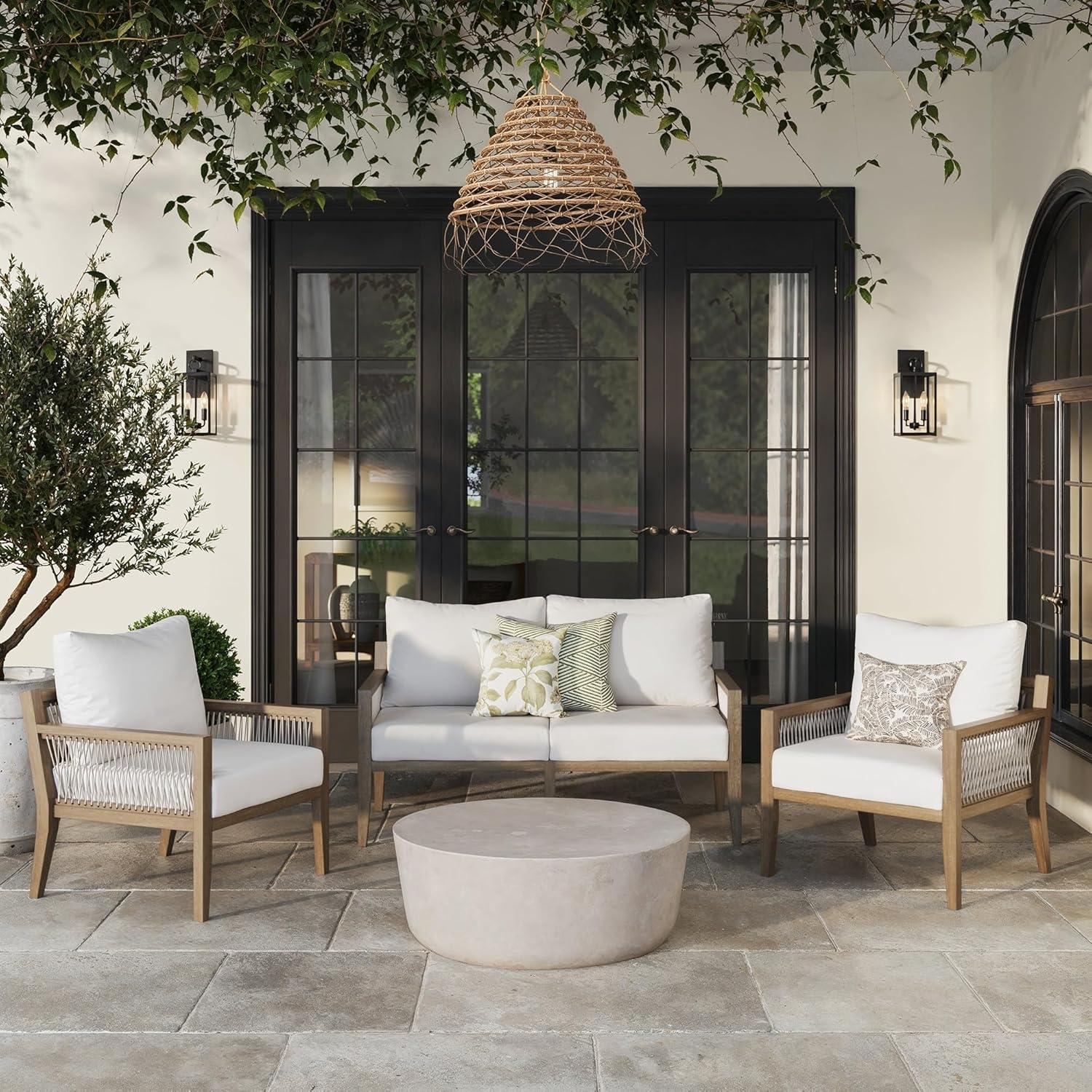 Nathan James 3pc Freya Bohemian Wood Outdoor Patio Conversation Set: Acacia Frame, Removable Cushions