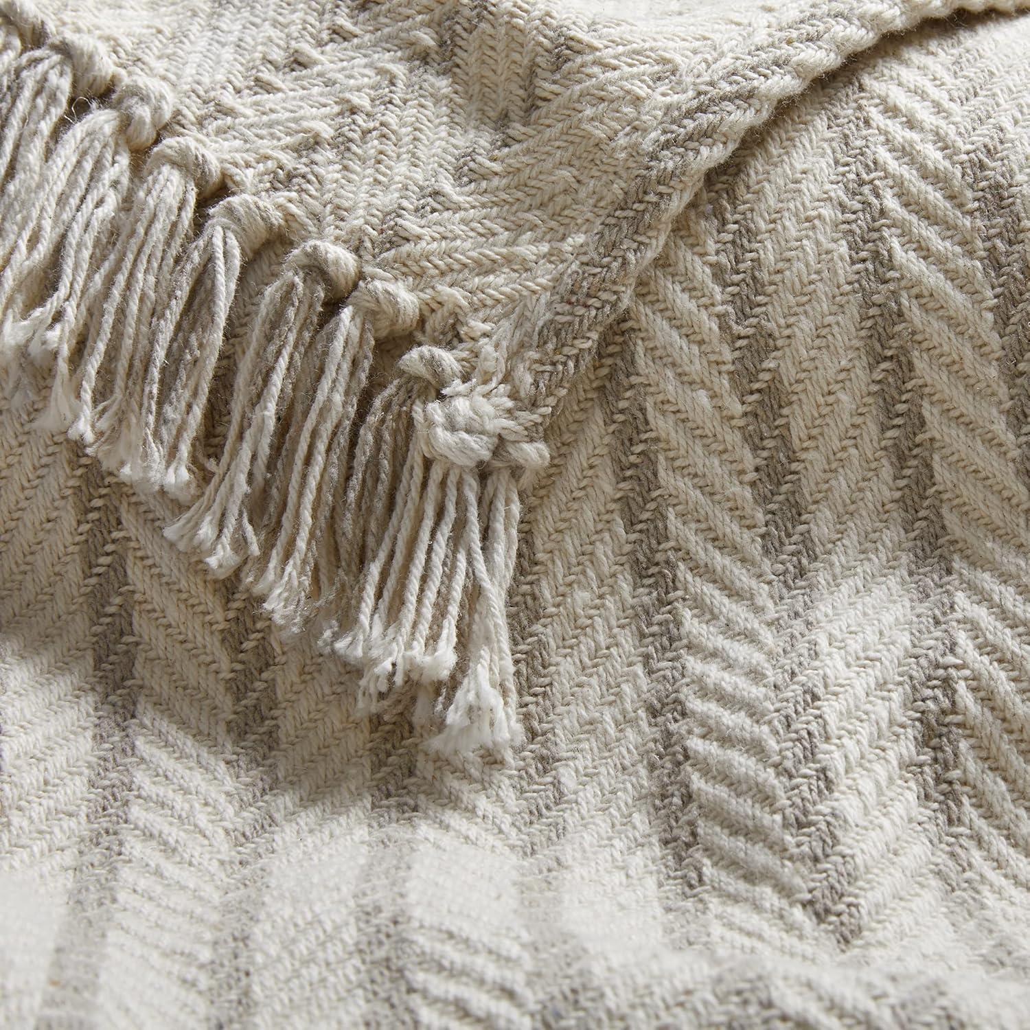 Americanflat 100% Cotton Throw Blanket for Couch - 50x60 - All Seasons Neutral Lightweight Cozy Soft Blankets.[Cream Beige Pinstripe]