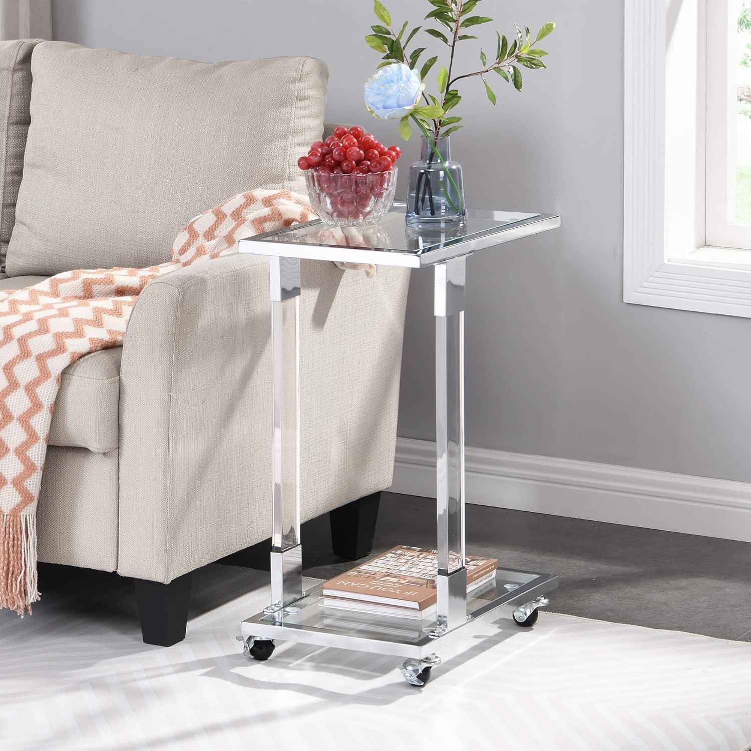 Silver Glass End Table C Shaped Chrome Side Tables with Movable Wheels Table Couch C Table Slide Under Sofa for Bedroom Living Room Furniture