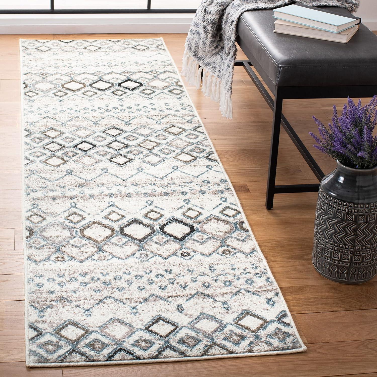 Ivory and Grey Hand-Knotted Synthetic Runner Rug