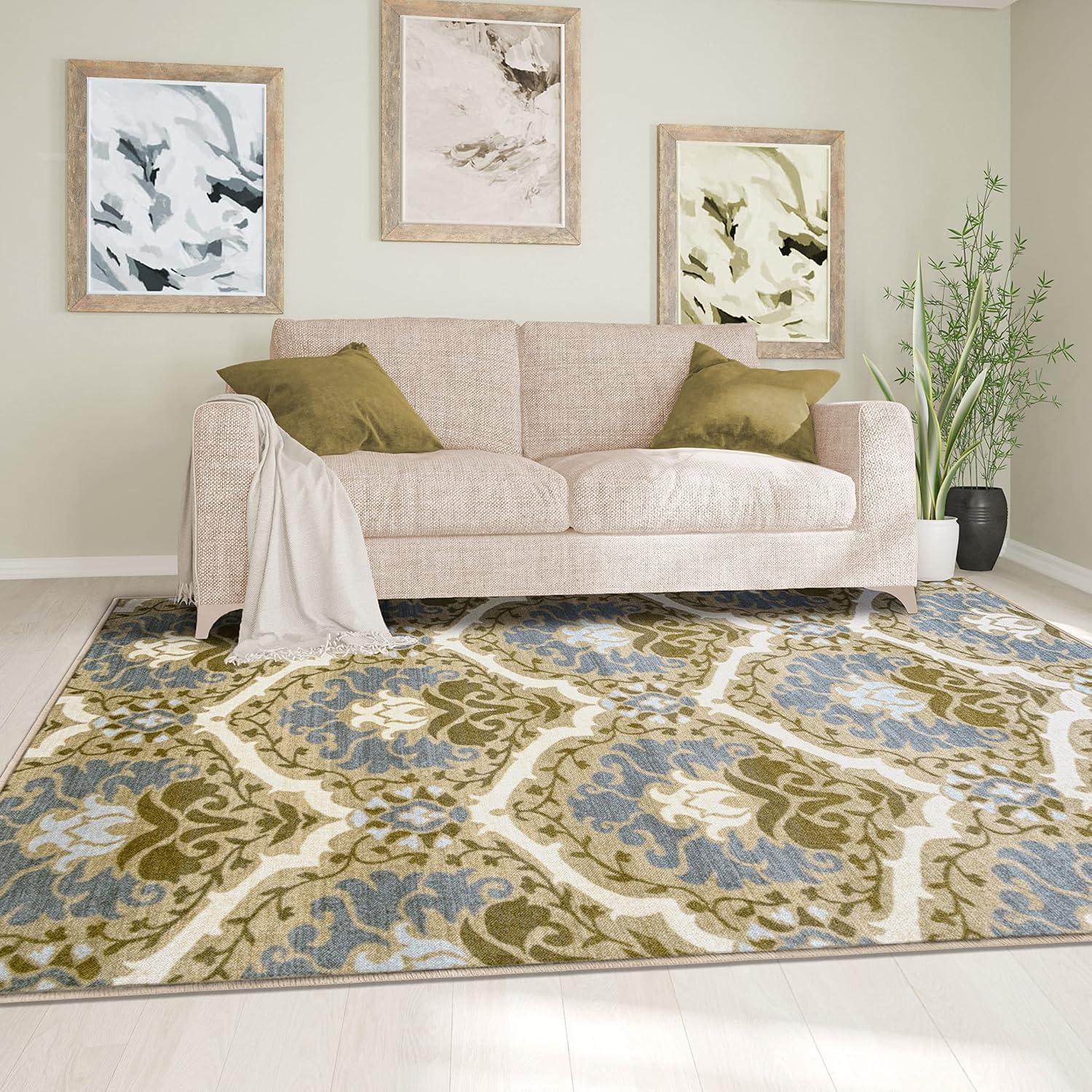 Taupe and Blue Floral Damask Reversible Synthetic Area Rug, 8' x 10'