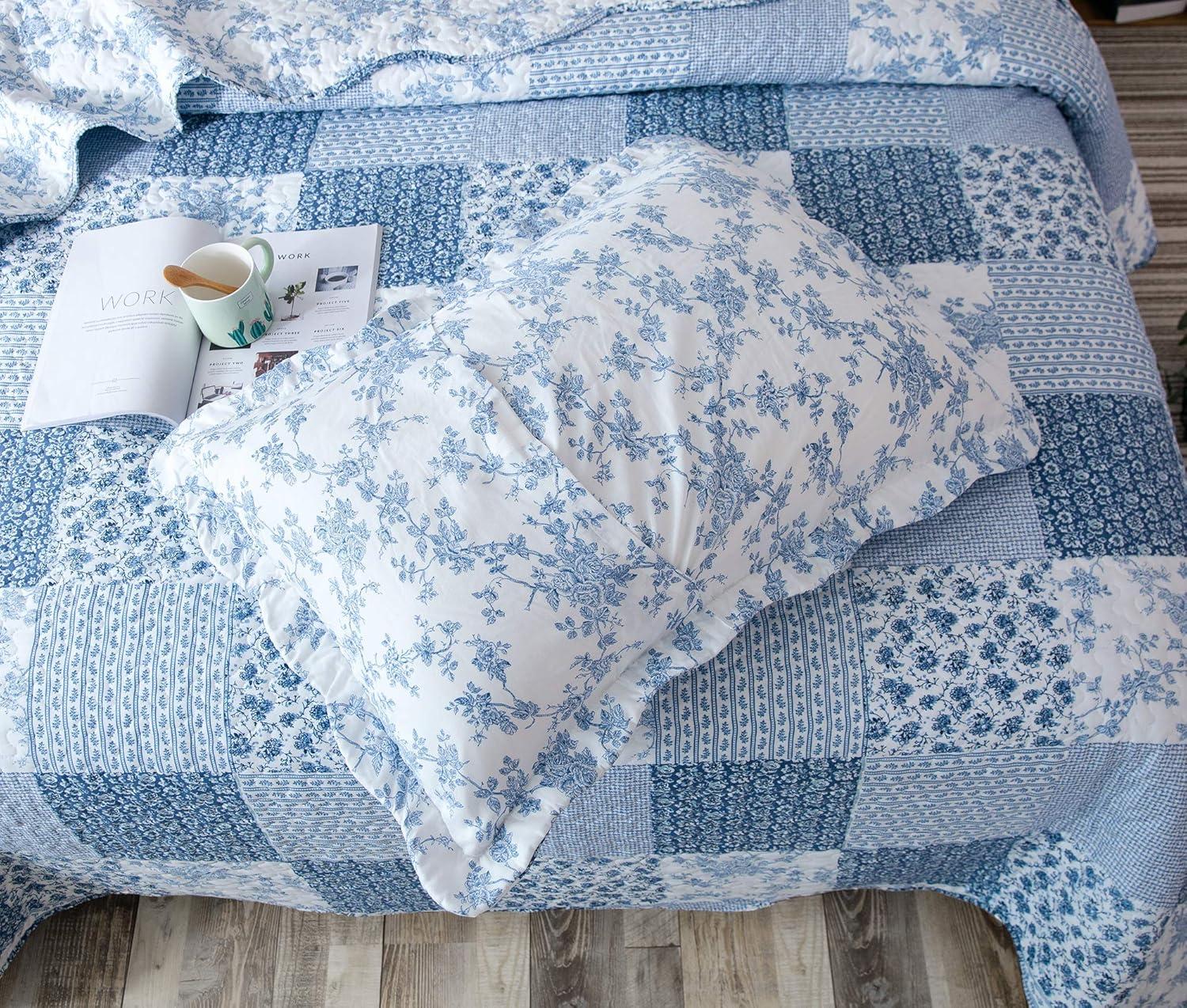 King Blue Microfiber Patchwork Quilt Set