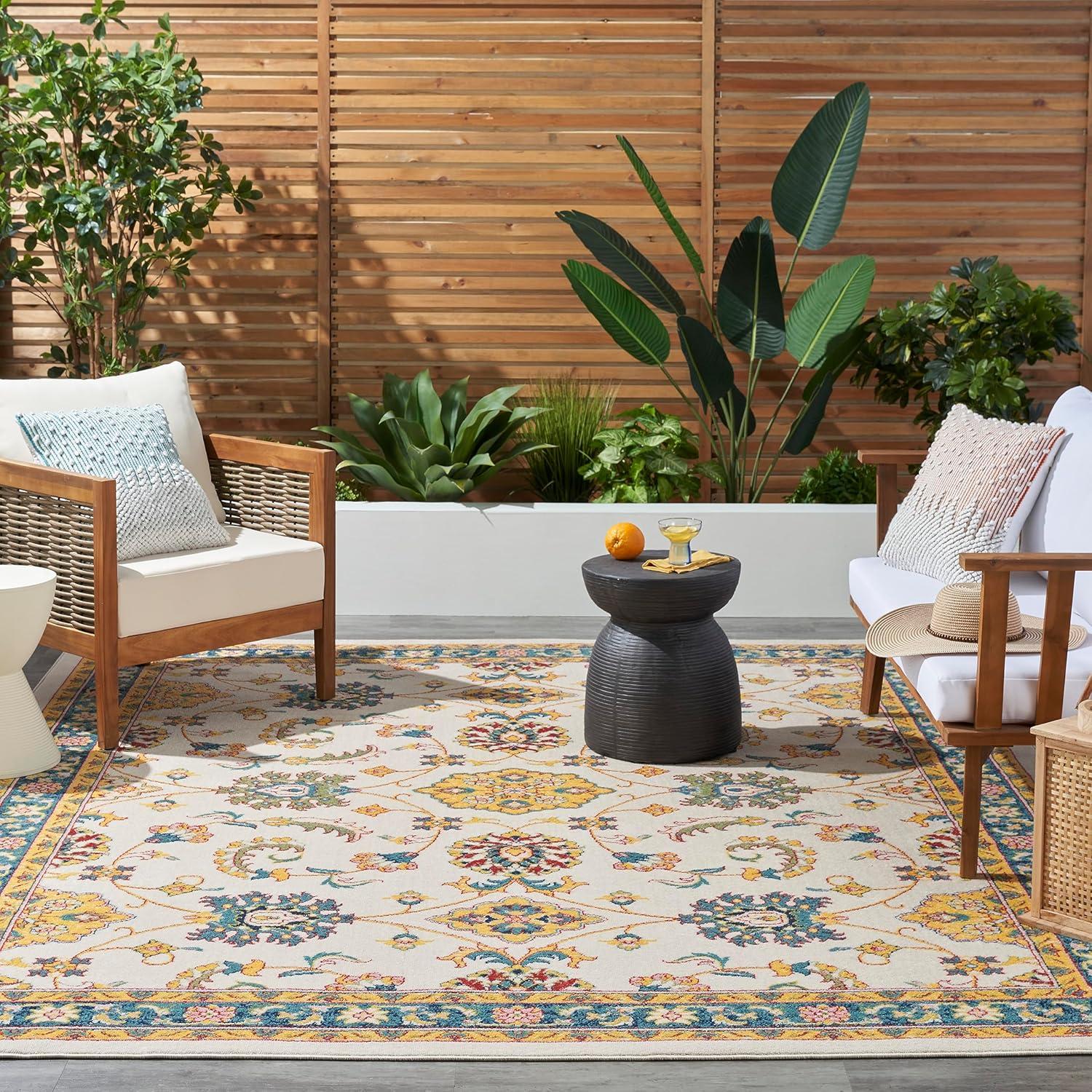 Nourison Essentials Floral Persian Indoor Outdoor Rug Ivory Gold 8' x 10'