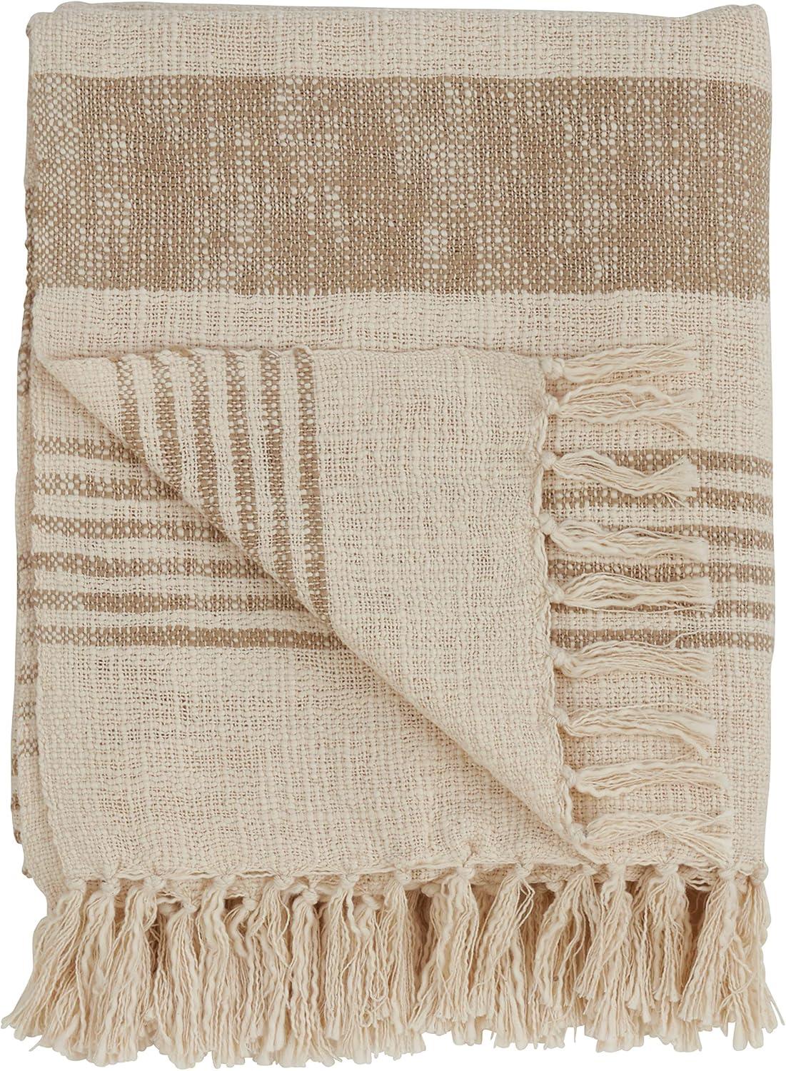 Natural Cotton Striped Reversible Throw Blanket with Tassels