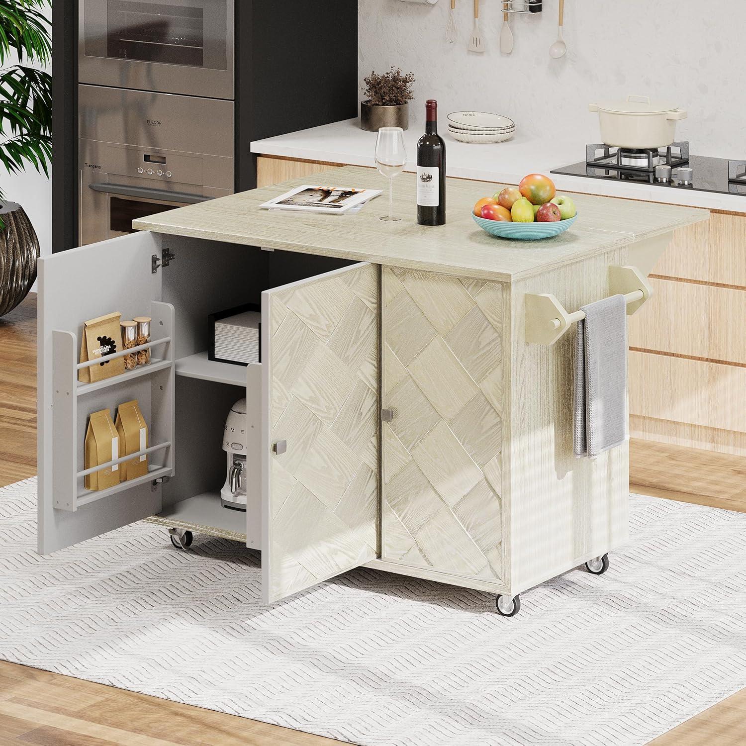 51.2" Ash Veneer Solid Wood Handwoven Kitchen Island with Drop Leaf,Coastal Dining Island on Wheels W/Internal Storage Rack,Rolling Dining Cart,Easy Assembly,for Kitchen,Dining Room,Champagne