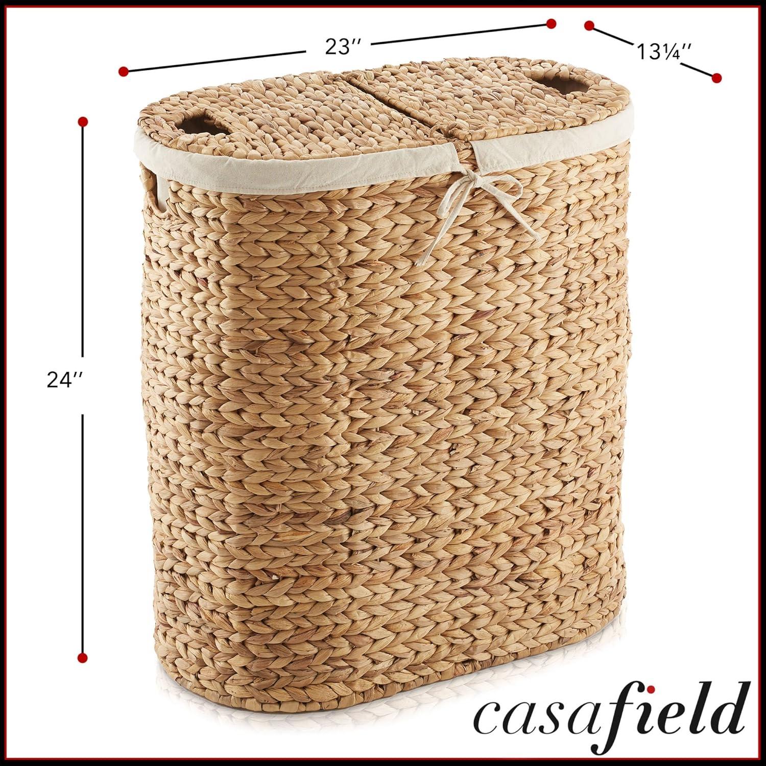 Natural Woven Water Hyacinth 2-Section Laundry Hamper with Lid