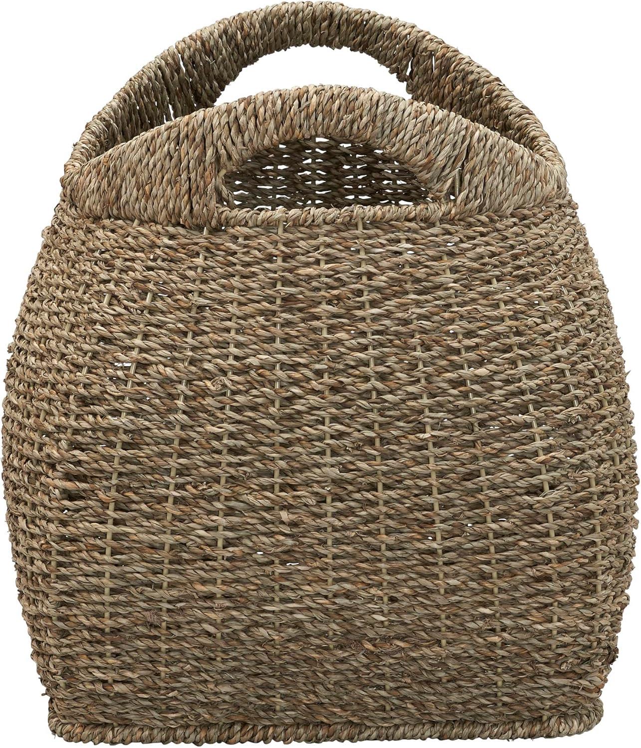 Household Essentials Basket with Handles Seagrass: Handwoven Round Storage, Brown Decorative Wicker, 14" Height