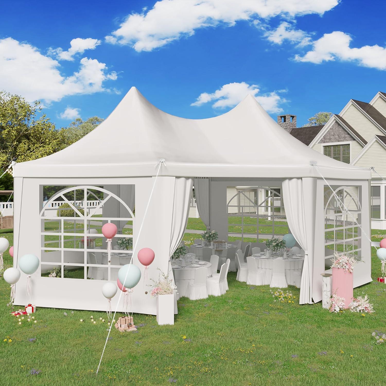 EROMMY 20'x15' Party Tent, White Wedding Tent, Octagonal Heavy Duty Canopy with 6 Removable Sidewalls, 6 Church Windows and 2 Pull-Back Doors, Outdoor Gazebo Pavilion Tent for Party, Wedding, Event