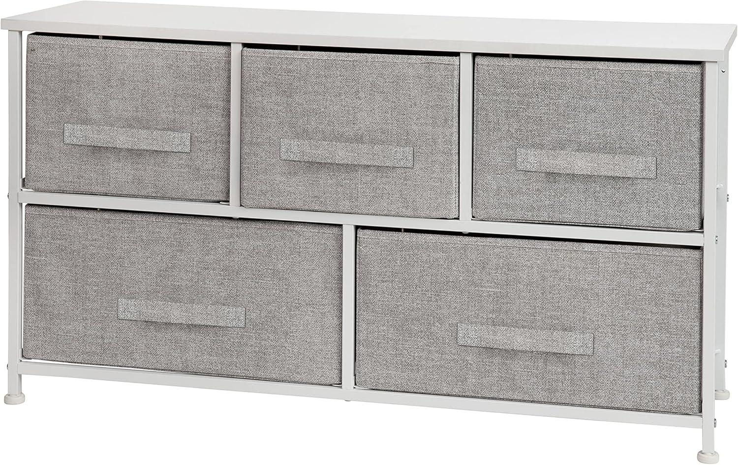 Flash Furniture 5 Drawer Wood Top White Cast Iron Frame Vertical Storage Dresser with Light Gray Easy Pull Fabric Drawers
