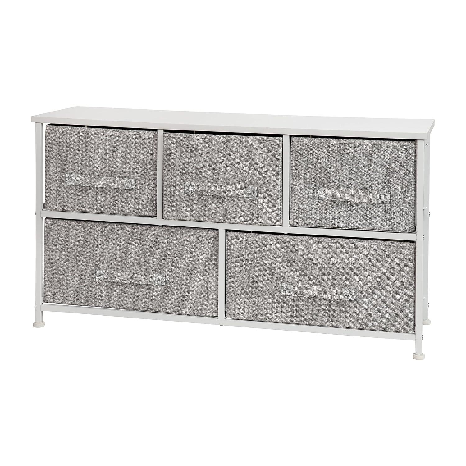 Flash Furniture 5 Drawer Wood Top White Cast Iron Frame Vertical Storage Dresser with Light Gray Easy Pull Fabric Drawers
