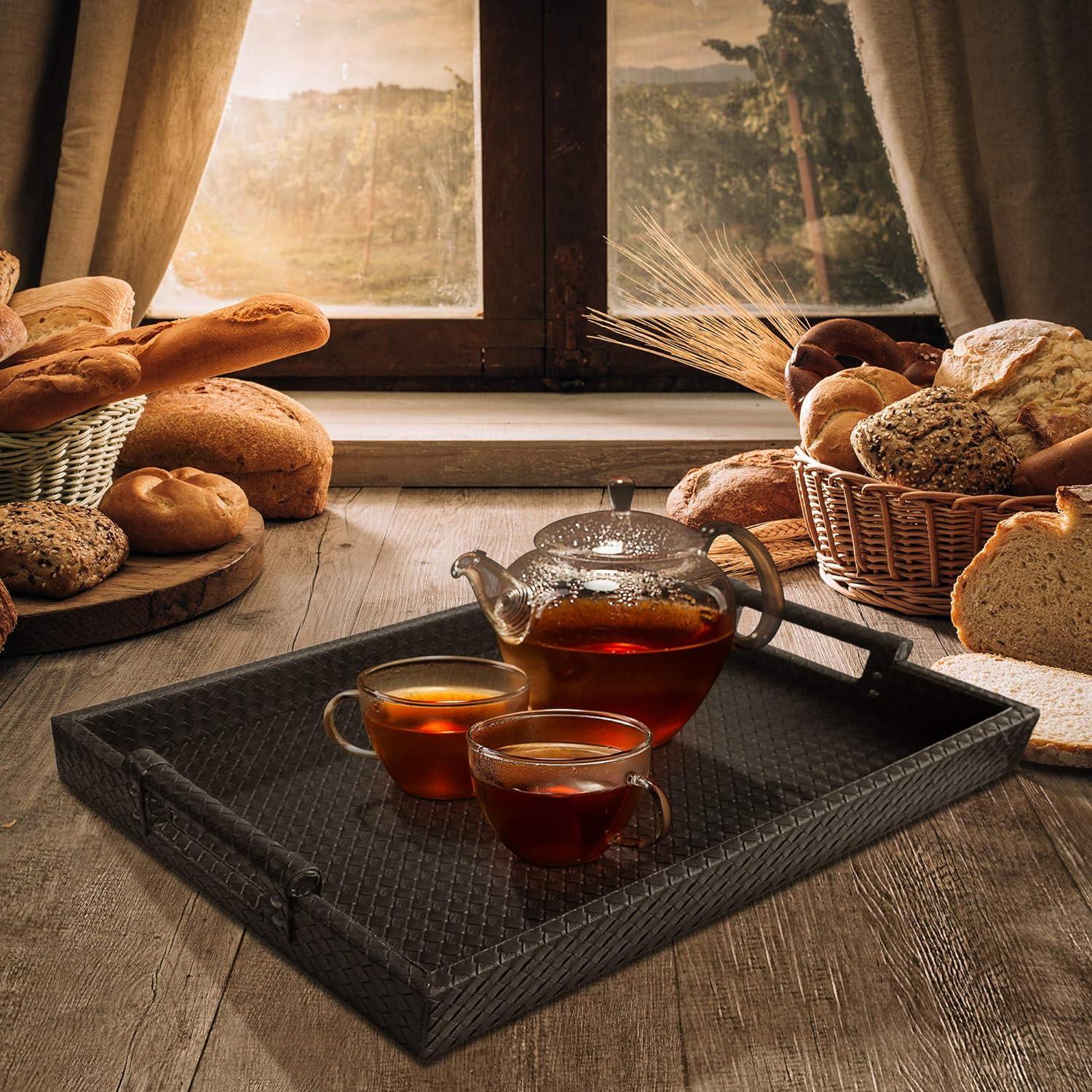 Sleek Black Faux Leather Serving Tray with Easy-Carry Handles