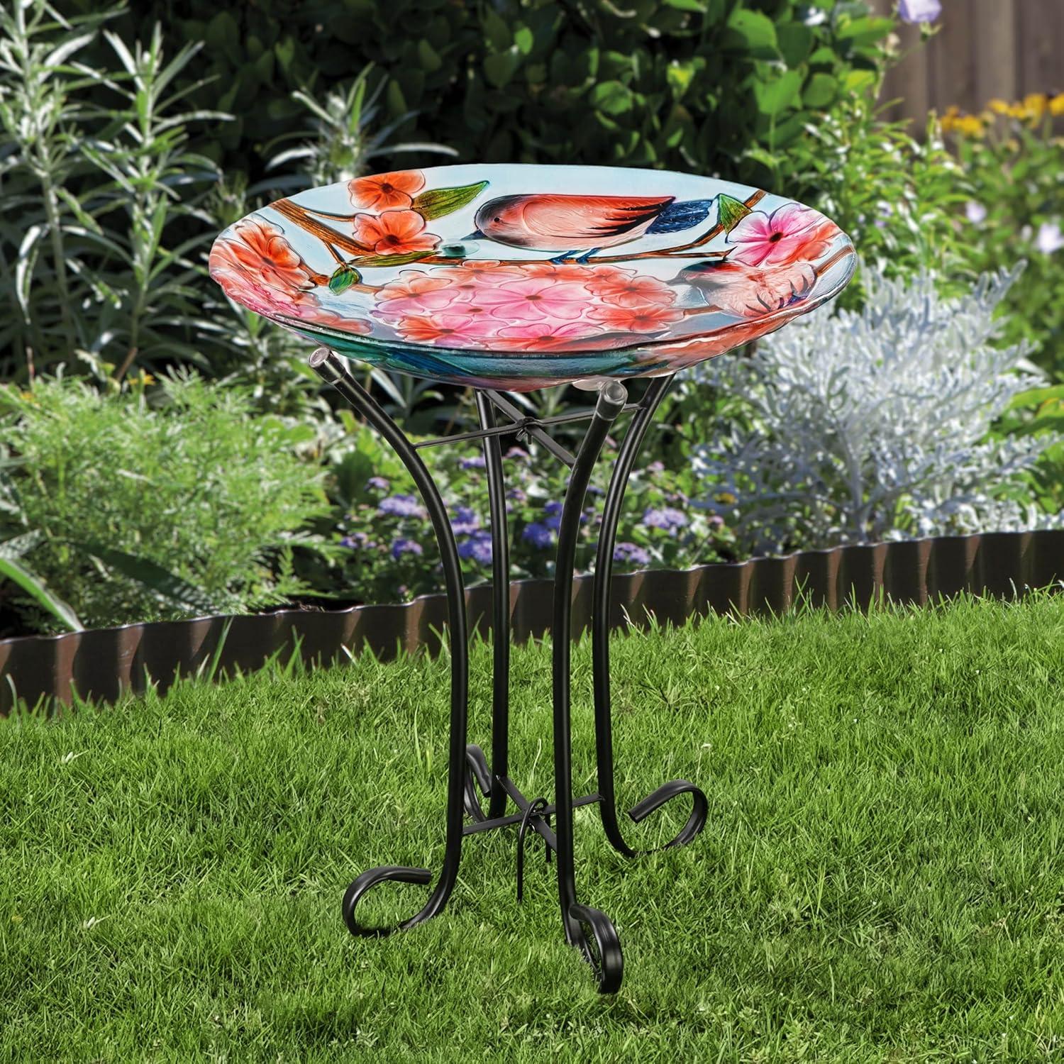 Teamson Home 17.8" Fusion Glass Bird Design Birdbath with Metal Stand, Multi