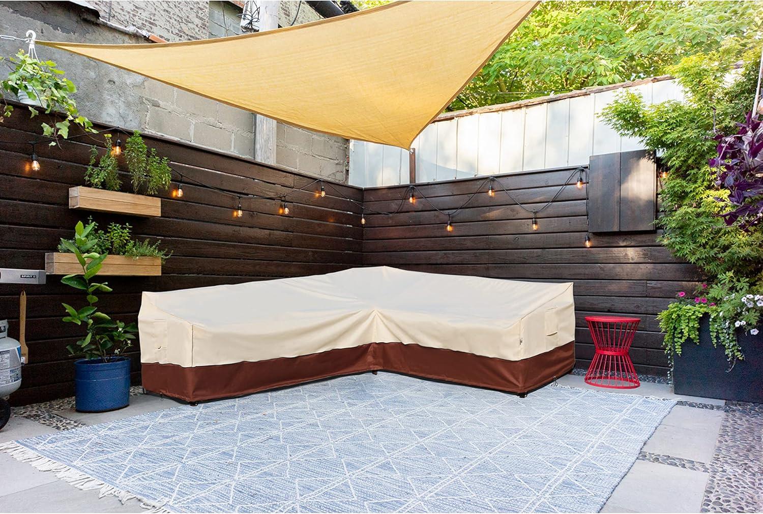 Outdoor Sectional Cover-V-Shaped Garden Patio Furniture Covers Waterproof Rip-Stop Anti-UV 600D Heavy Duty Outdoor Couch Cover with 3 Air Vents Sofa Cover 85''L 33.5''D 31''H,Beige & Reddish Brown