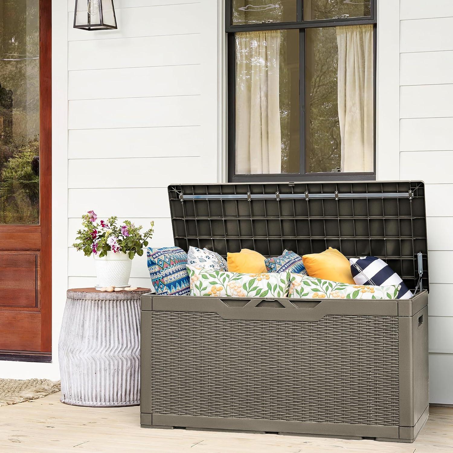 Flamaker Deck Box with Cushion 100 Gallon Waterproof Resin Storage Box with Air Rod Indoor Outdoor Lockable Storage Bench for Patio Furniture, Tools, Pool Accessories (Black)