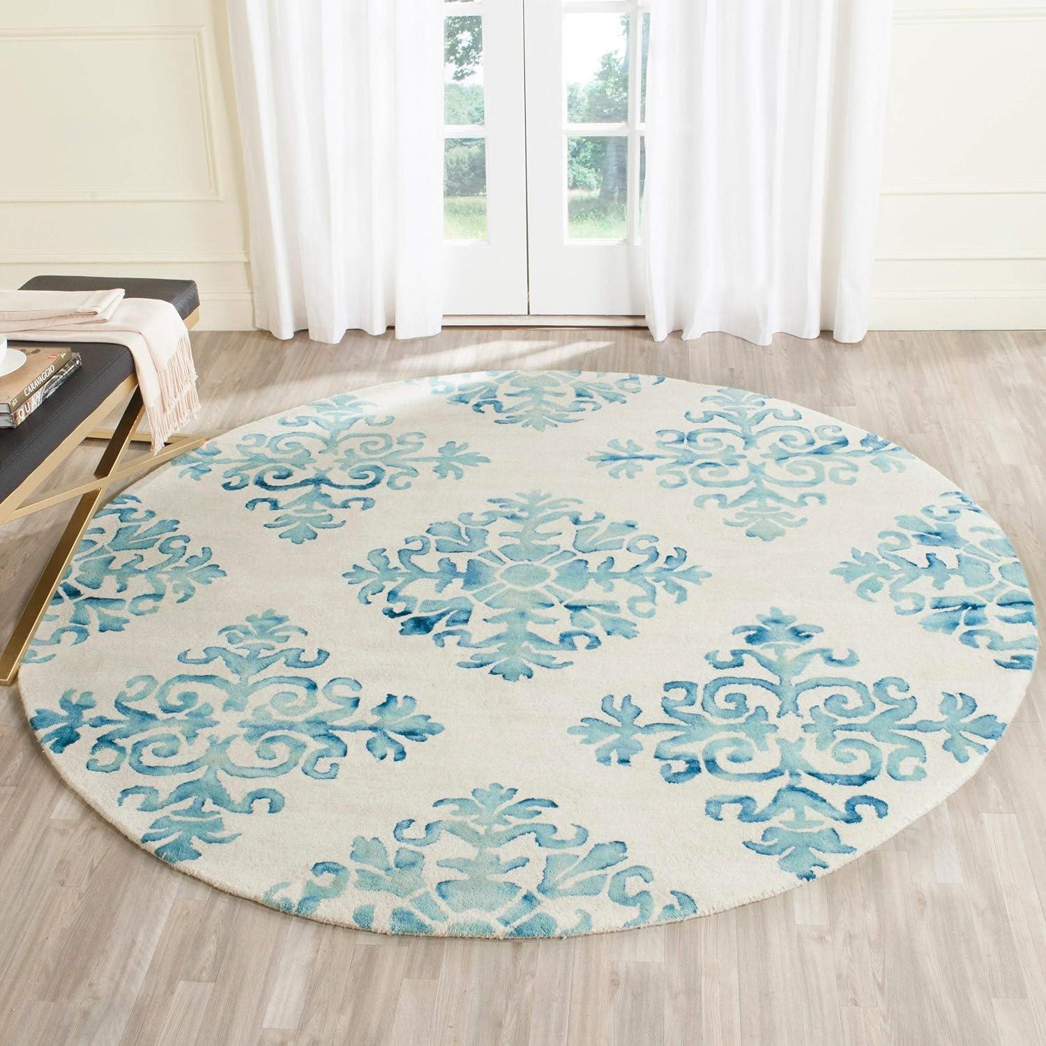 Elegant Ivory and Light Blue 7' Square Hand-Tufted Wool Area Rug