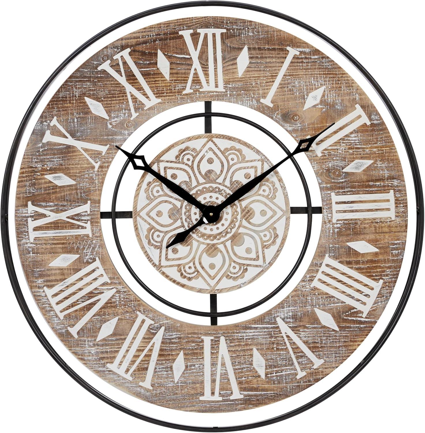 DecMode 34" Brown Metal Wall Clock with Wood Accents