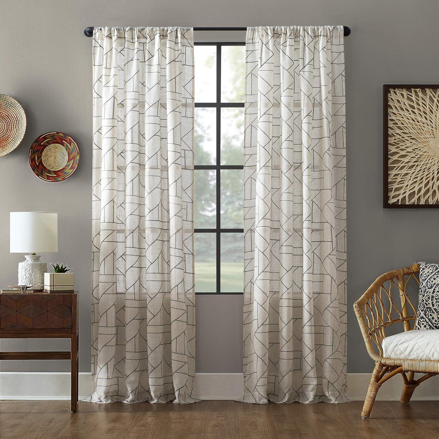 Gray Linen Blend Geometric Embroidered Light-Filtering Curtain Panel