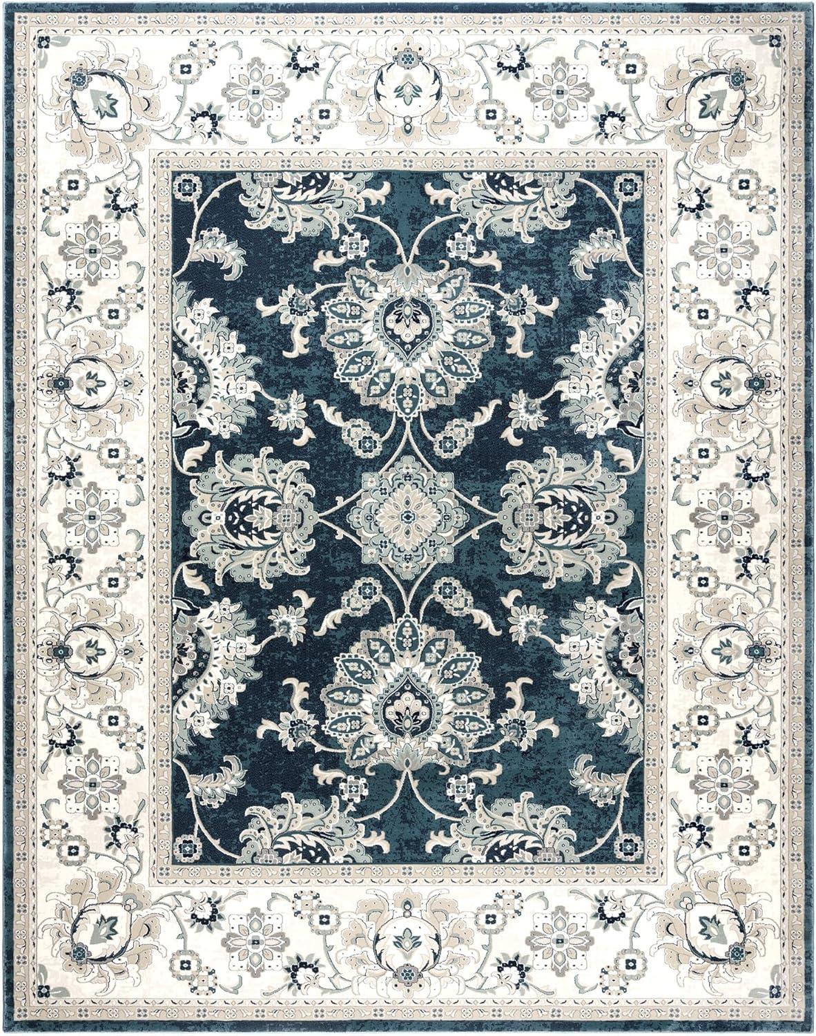 Majestic Moena Navy Blue Traditional Floral Oriental Border Area Rug