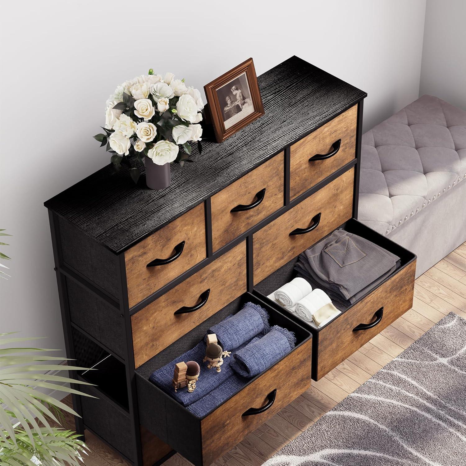 Dresser for Bedroom with 9 Drawers  Chest of Drawers with Socket & LED Light  PU Storage Dresser  Organizer Unit for Living Room  Hallway  Closet