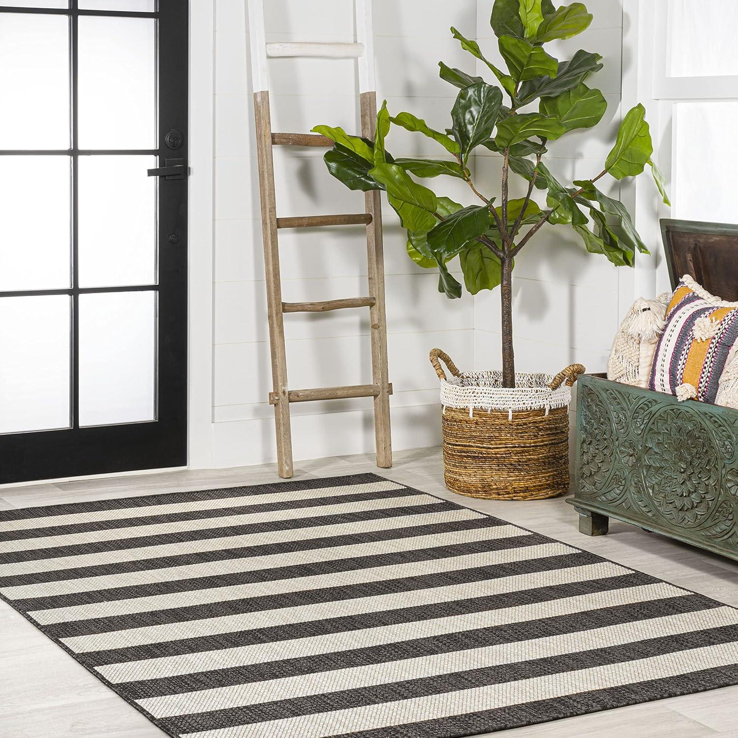 3' x 5' Negril Two-Tone Wide Stripe Indoor/Outdoor Area Rug, Black/Beige - JONATHAN Y