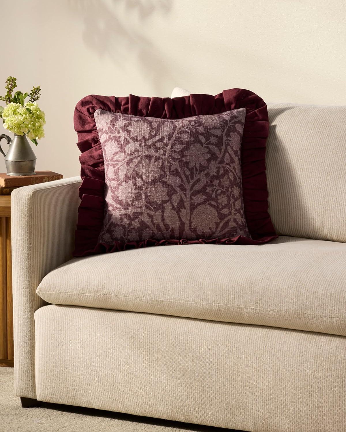 Kathleen Wine Cotton Botanical Throw Pillow with Ruffled Edges