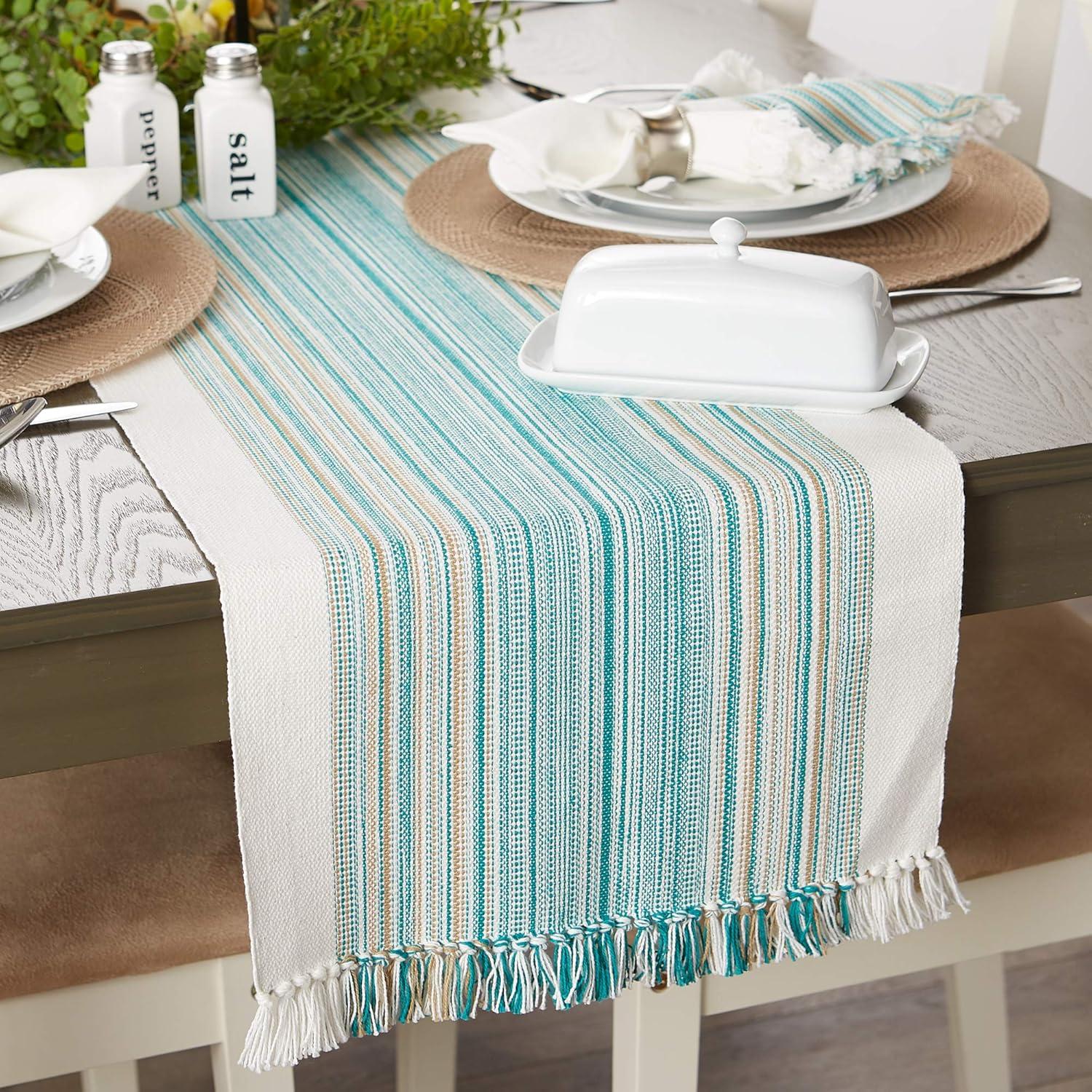 DII 14x72" Modern Cotton Striped Fringed Table Runner in Teal Blue