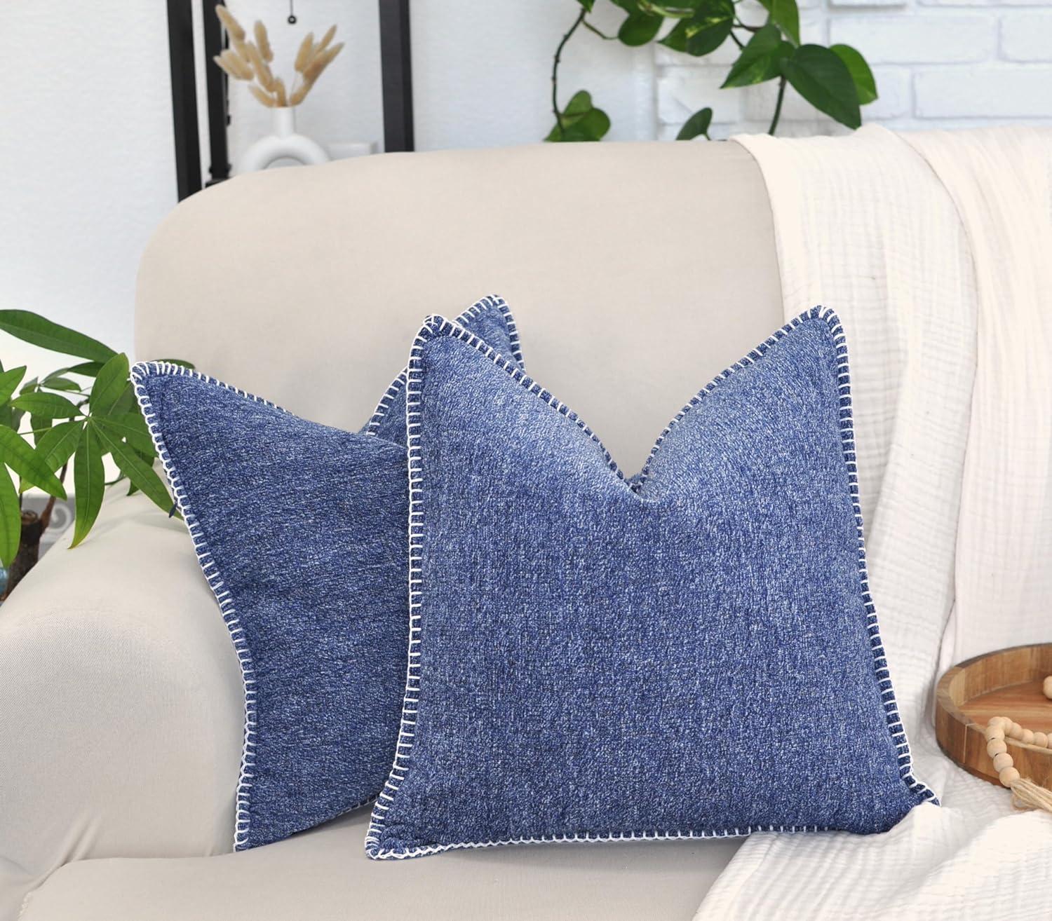 Soft Chenille Throw Pillow Covers With Stitched Edge (Set of 2)