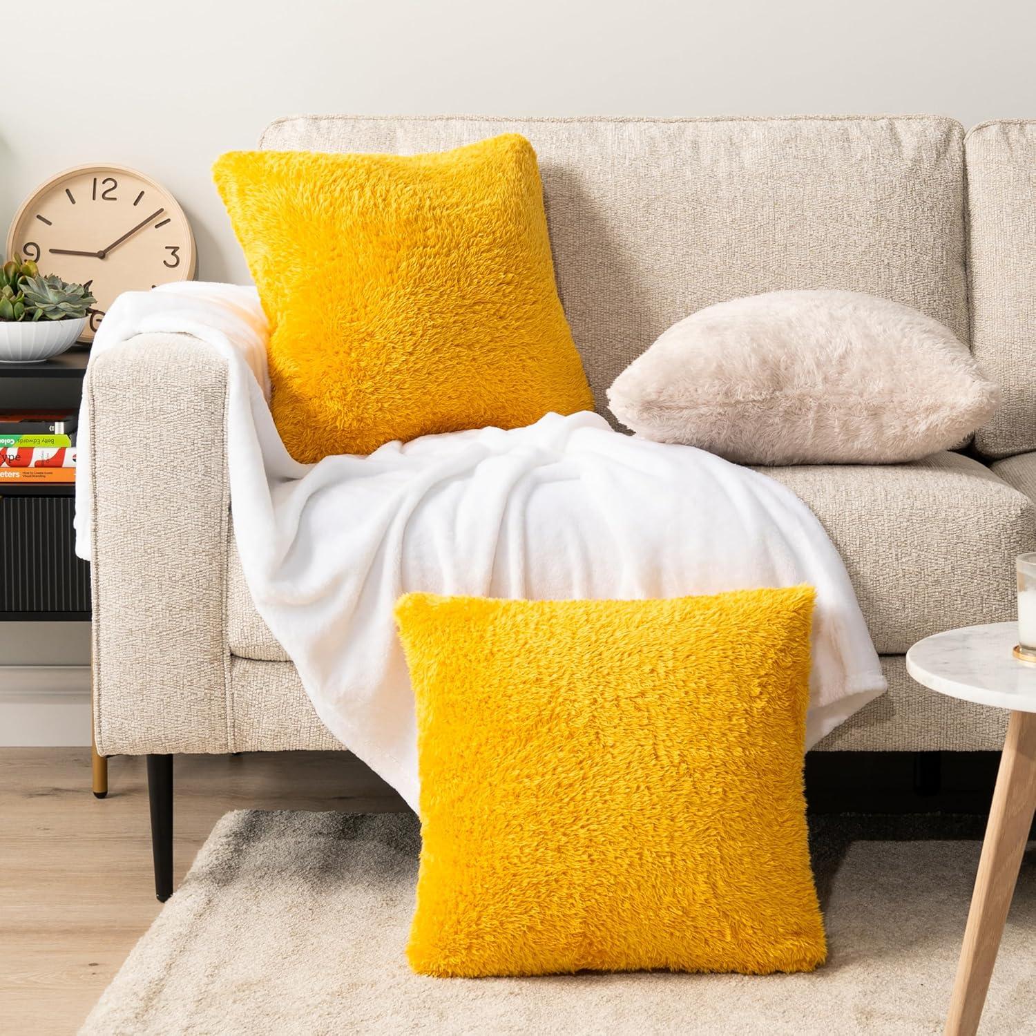 PAVILIA Set of 2 Fluffy Throw Pillow Covers, Decorative Faux Shearling Fur Square Cushion Accent for Bed Sofa Couch, Yellow/20 x 20