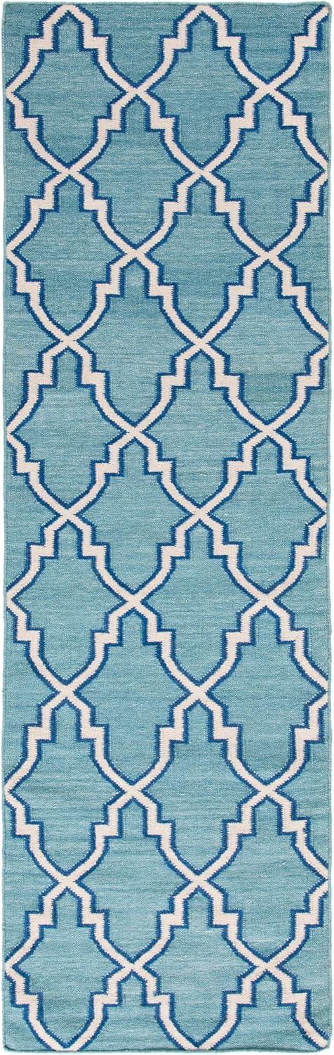 SAFAVIEH Dhurrie Astrid Geometric Moroccan Wool Runner Rug, Light Blue/Ivory, 2'6" x 10'