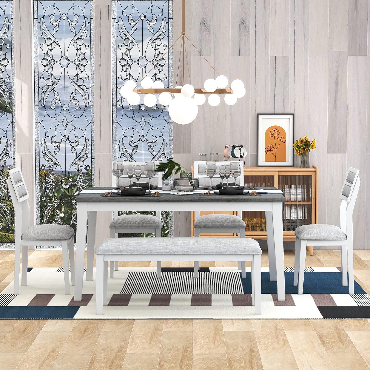 White and Gray Rectangular 6-Piece Dining Set with Upholstered Chairs and Bench