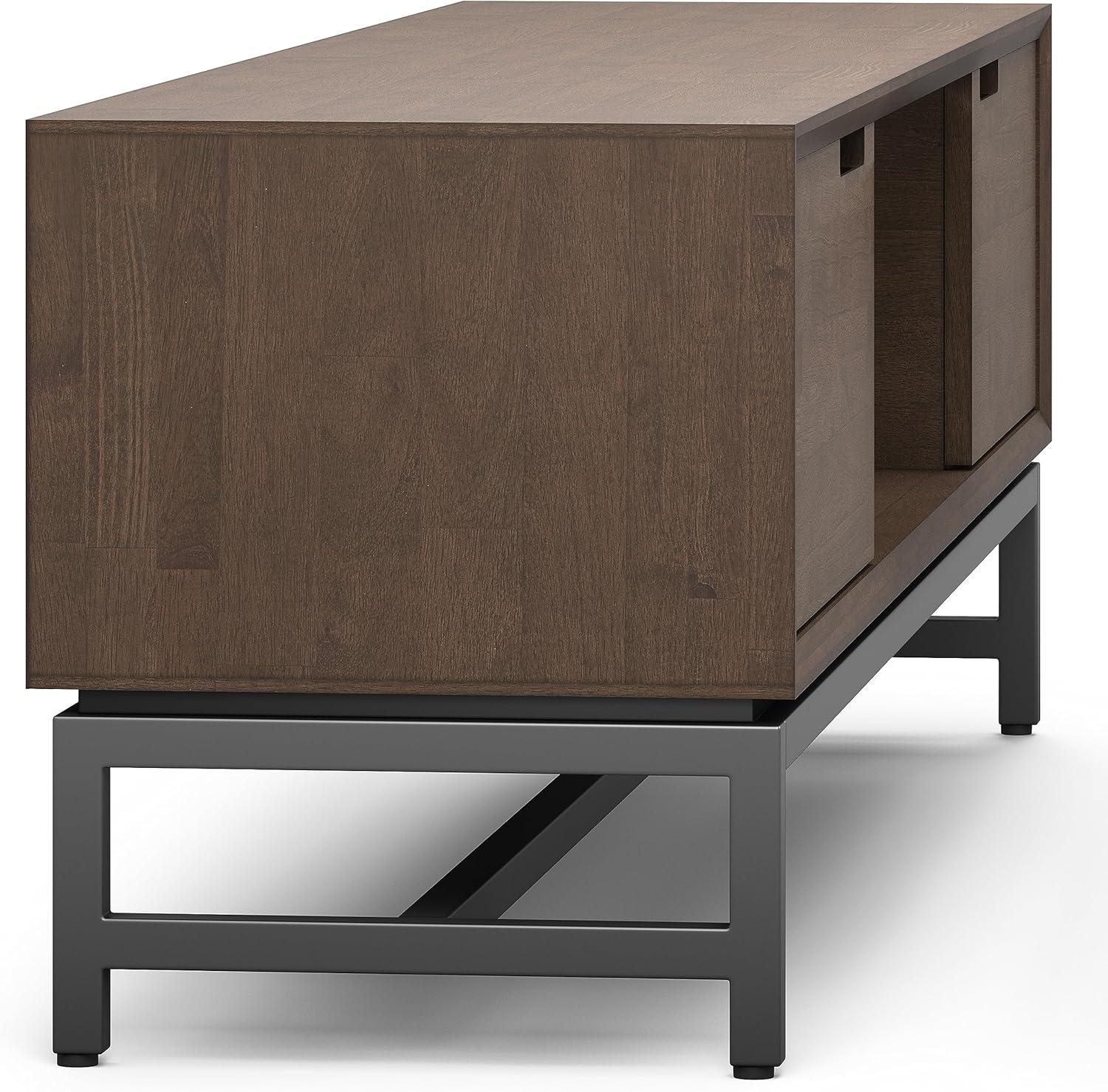 Simpli Home Banting 72"W Solid Hardwood Industrial Low TV Stand for TVs up to 80" with 2 Cabinets and Metal Base