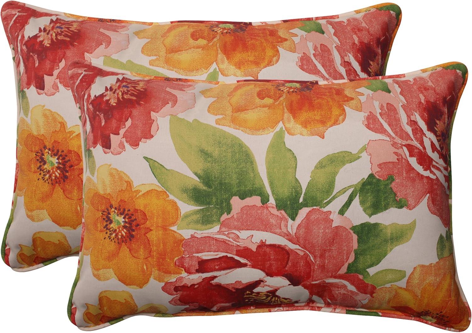 Floral Green Rectangular Outdoor Lumbar Throw Pillow 2-Pack