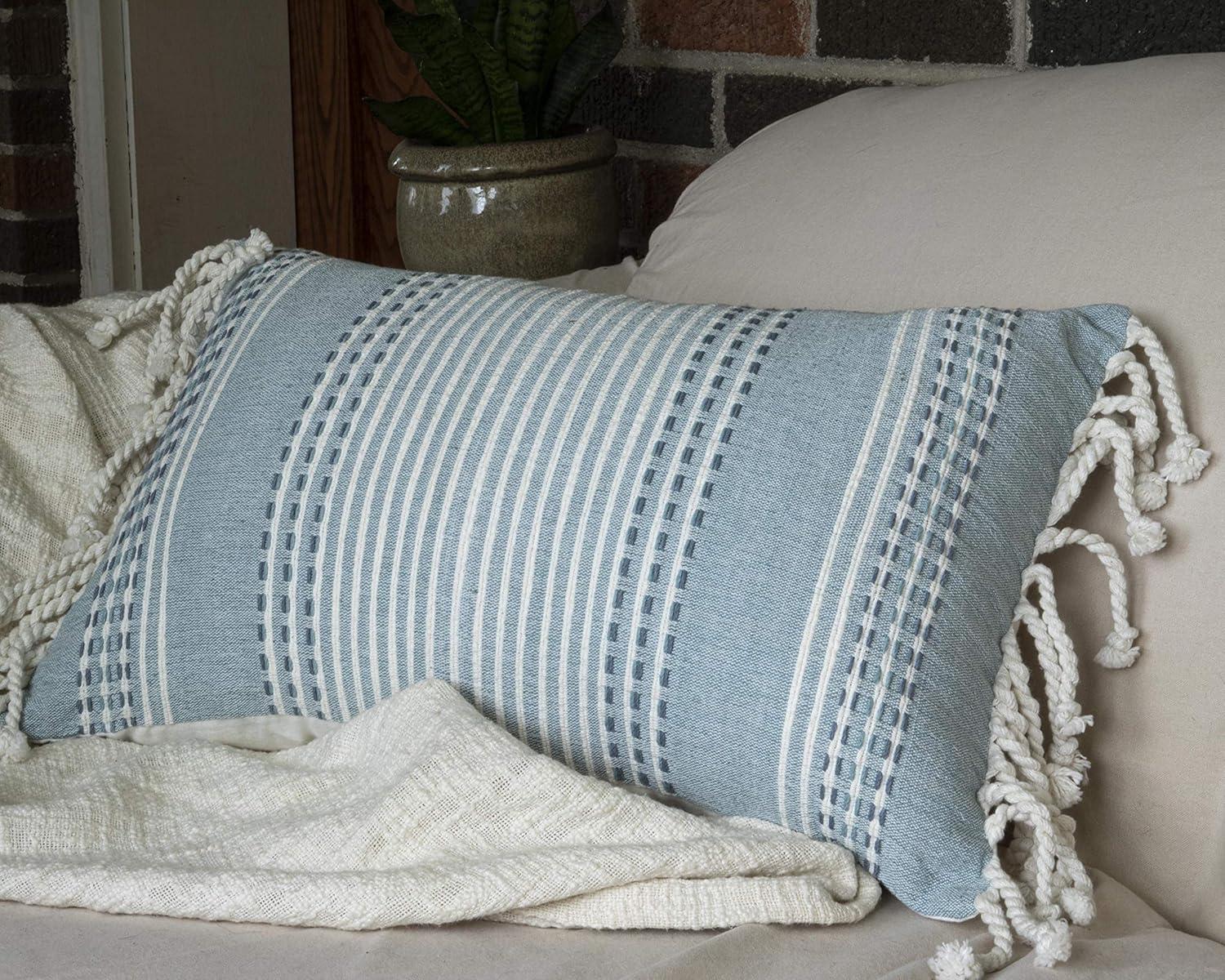 Blue Hand Woven 14 x 22 inch Decorative Cotton Throw Pillow Cover with Insert and Hand Tied Tassels - Foreside Home & Garden