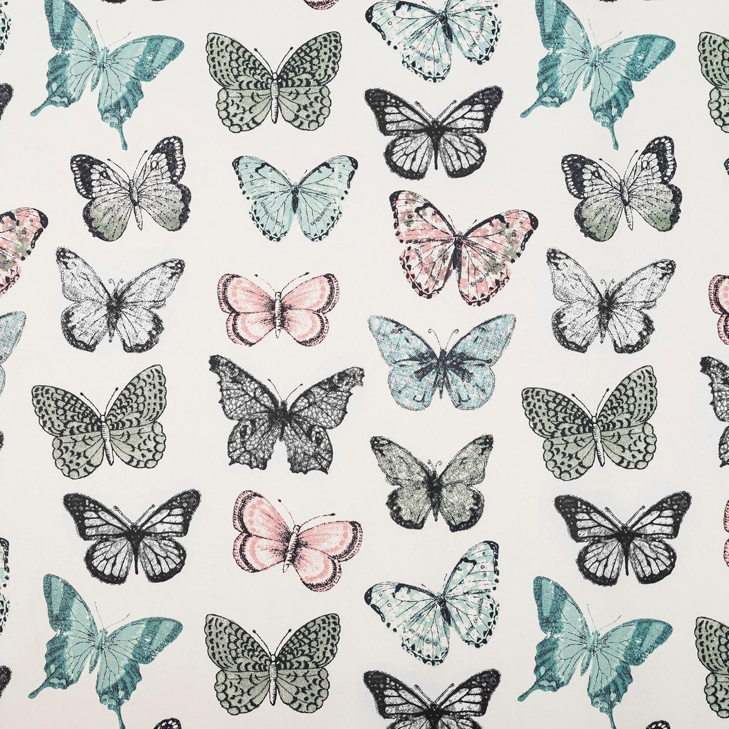 No. 918 Magdalena Butterfly Print Embroidered Trim Semi-Sheer Rod Pocket Curtain Valance, 54"x18", Blue