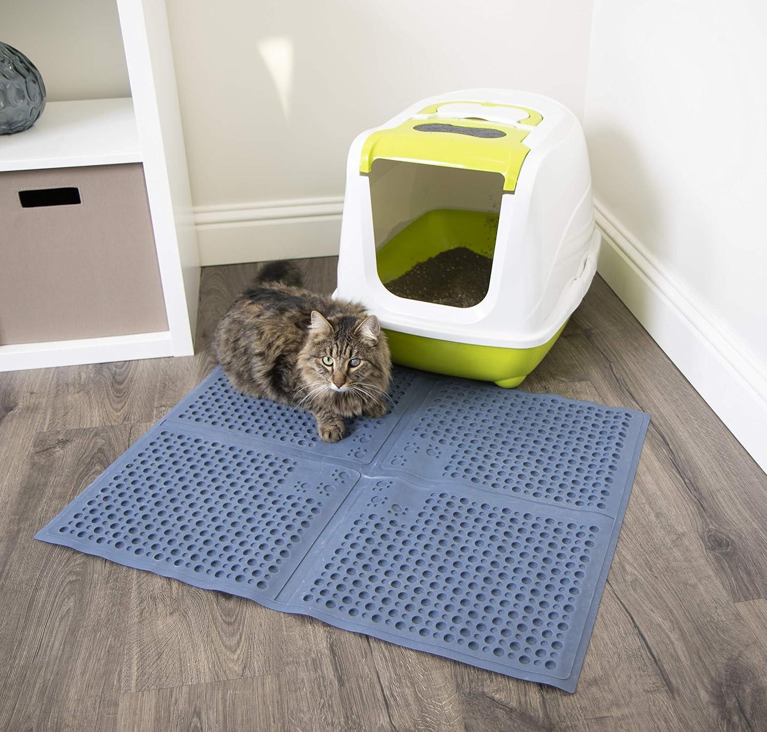 Large Blue Rubber Cat Litter Mat with Paw Design