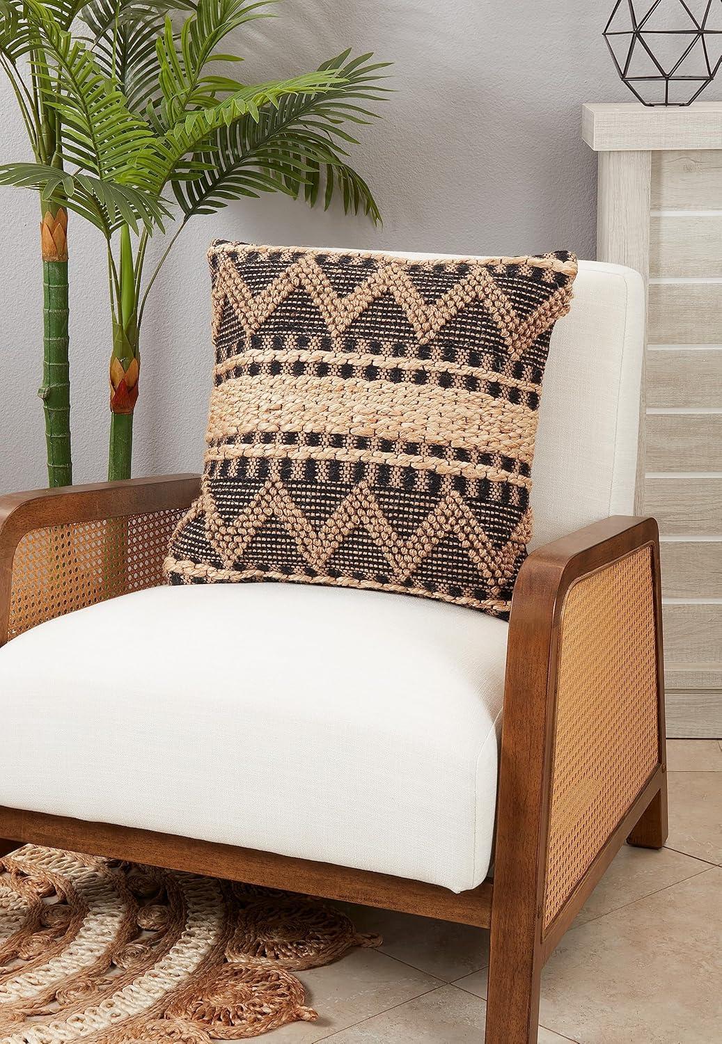 20" Black and Beige Boho Woven Zig Zag Square Throw Pillow