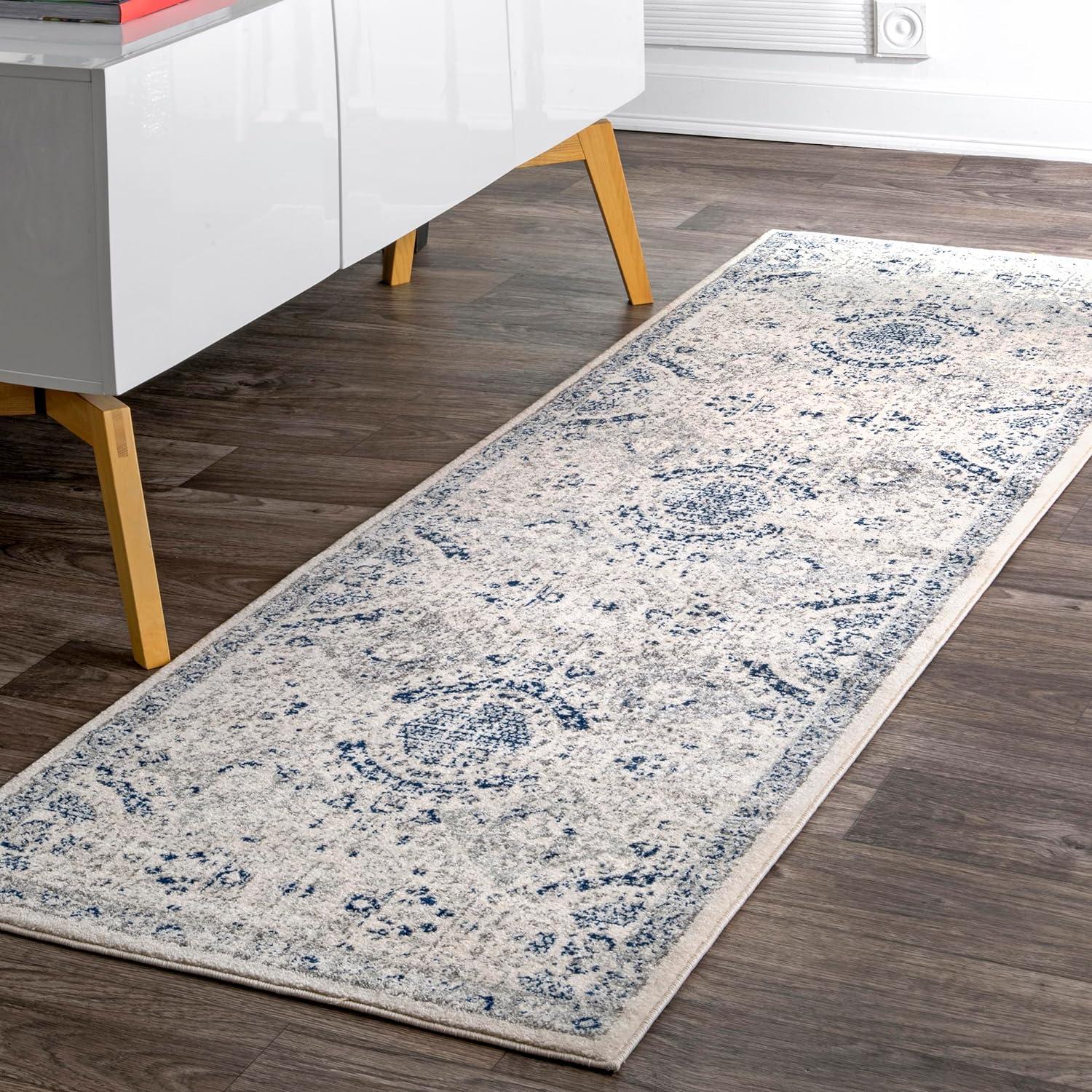 Blue and Off-White Tufted Vintage Runner Rug