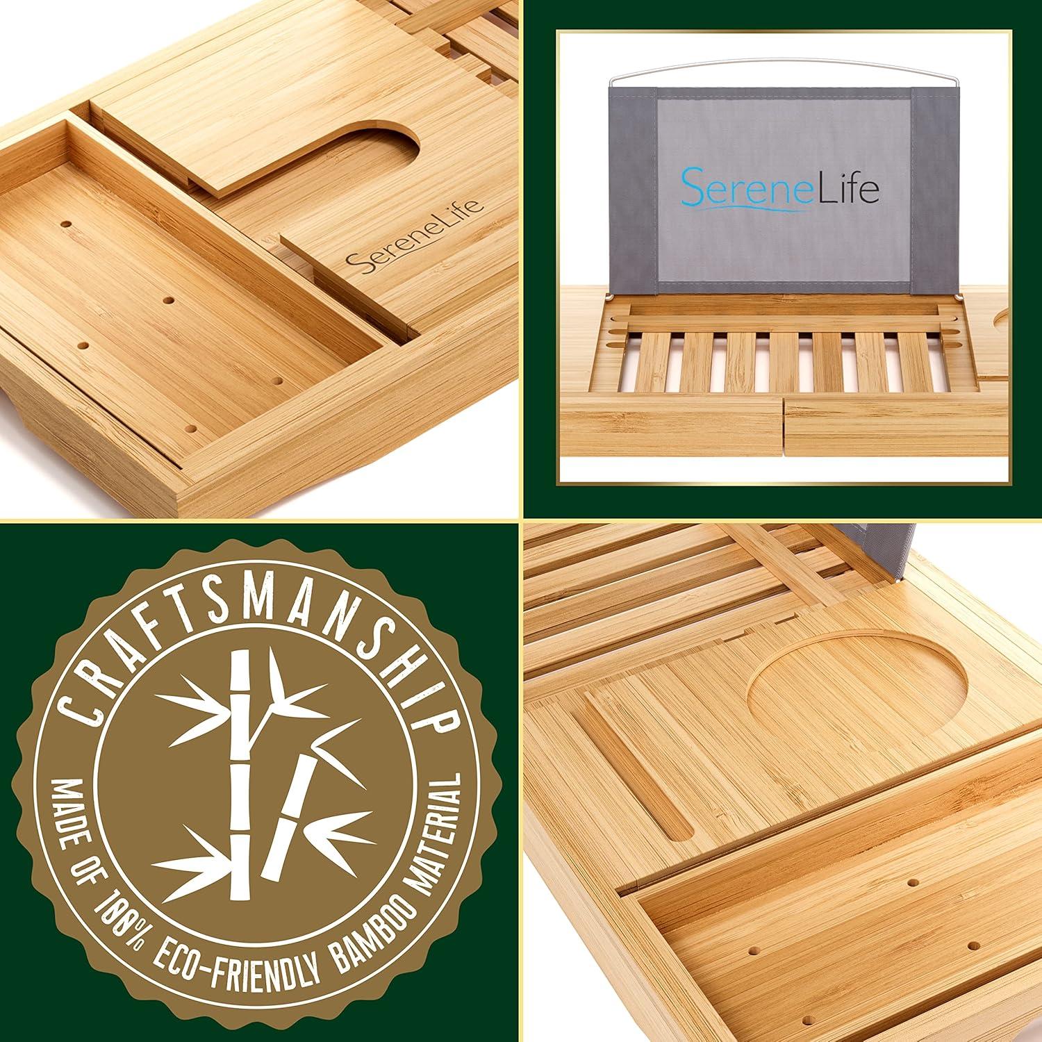 Latitude Run® Luxury Bamboo Bathtub Caddy Tray - Adjustable, Waterproof, With Wine Holder And Phone Slot For Relaxing Baths