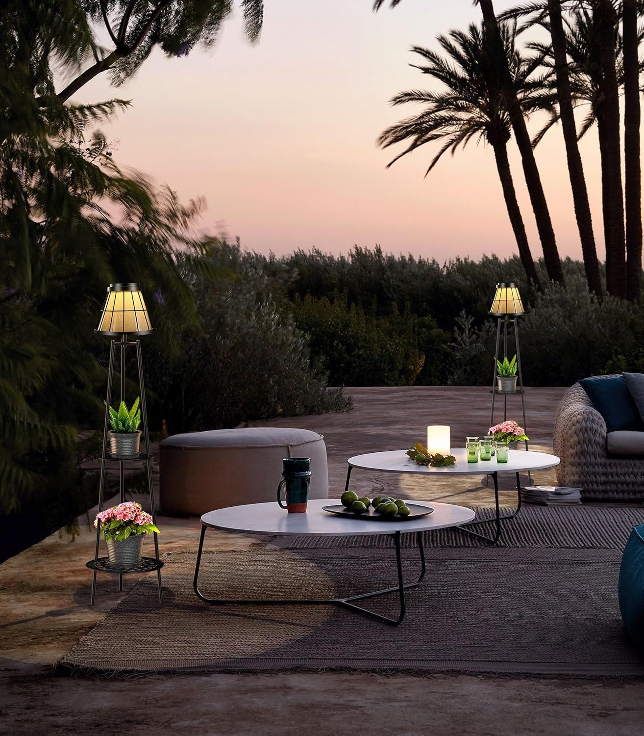 2 Pack 45.5'' Outdoor Floor Lamps with 2 Tier Plant Stand, Solar Powered Metal Waterproof Lights for Patio Deck Yard Garden Porch Decor