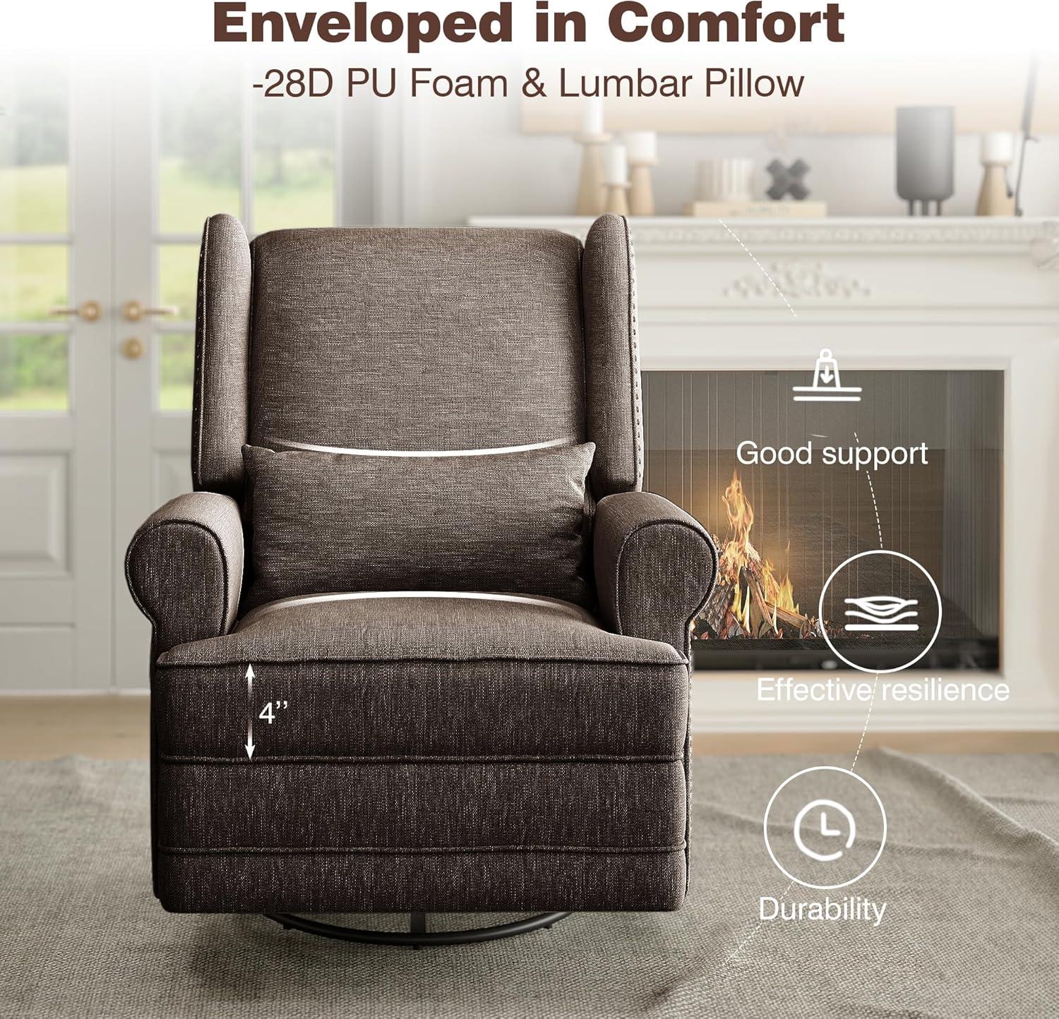 RoyalCraft Swivel Recliner Chair, Comfy Glider Rocking Chairs with Lumbar Pillow and Footrest, Upholstered Swivel Rocking Chair for Bedroom,Nursery,Brown